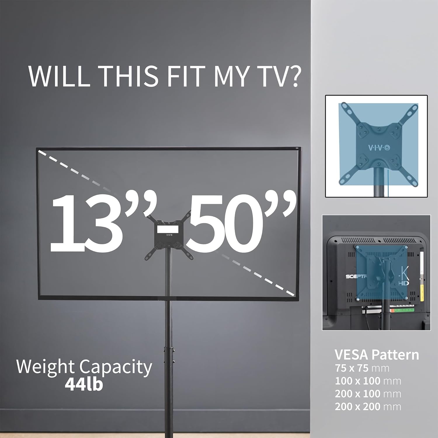 image:imageVIVO TV Floor Stand for 13 to 50 inch Screens up to 44 lbs LCD LED OLED 4K Smart Flat Curved Monitor Panels Max VESA 200x200 Extra Tall Pole for Treadmills and Ellipticals Black STANDTV1713 to 65 Screens
