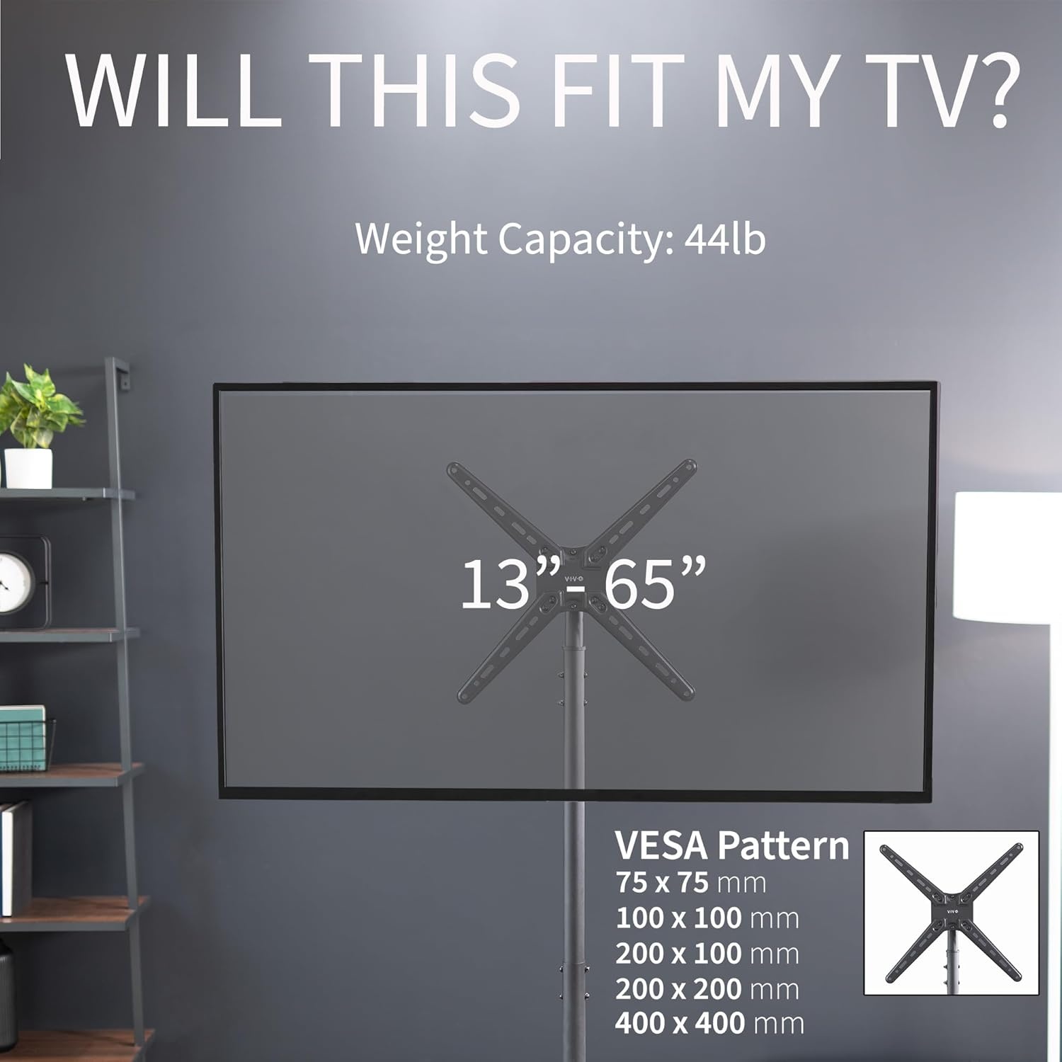 image:imageVIVO TV Floor Stand for 13 to 50 inch Screens up to 44 lbs LCD LED OLED 4K Smart Flat Curved Monitor Panels Max VESA 200x200 Extra Tall Pole for Treadmills and Ellipticals Black STANDTV1713 to 65 Screens