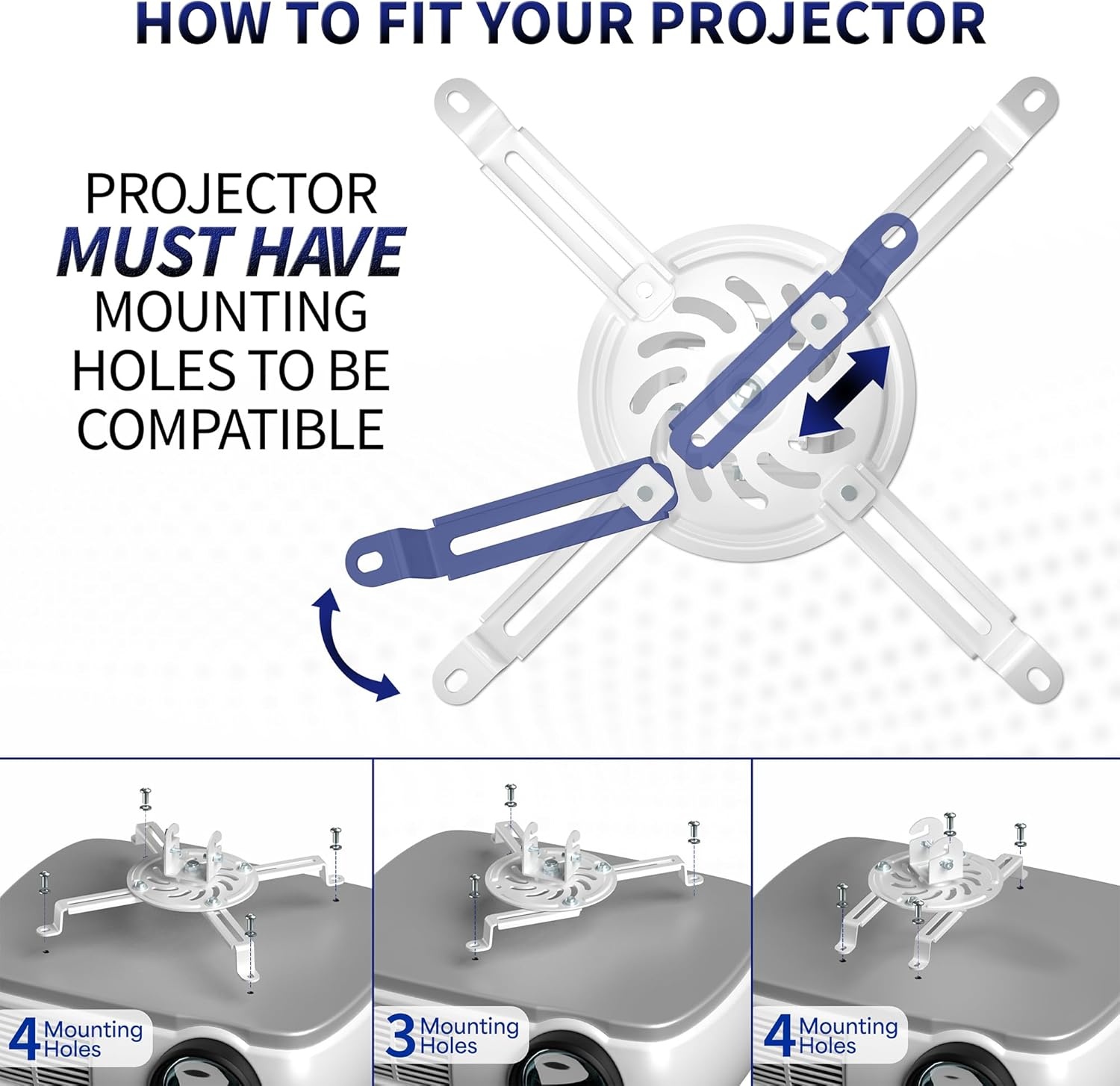 image:imageVIVO Universal Adjustable Ceiling Projector Projection Mount Extending Arms Mounting Bracket White MOUNTVP01WWhite