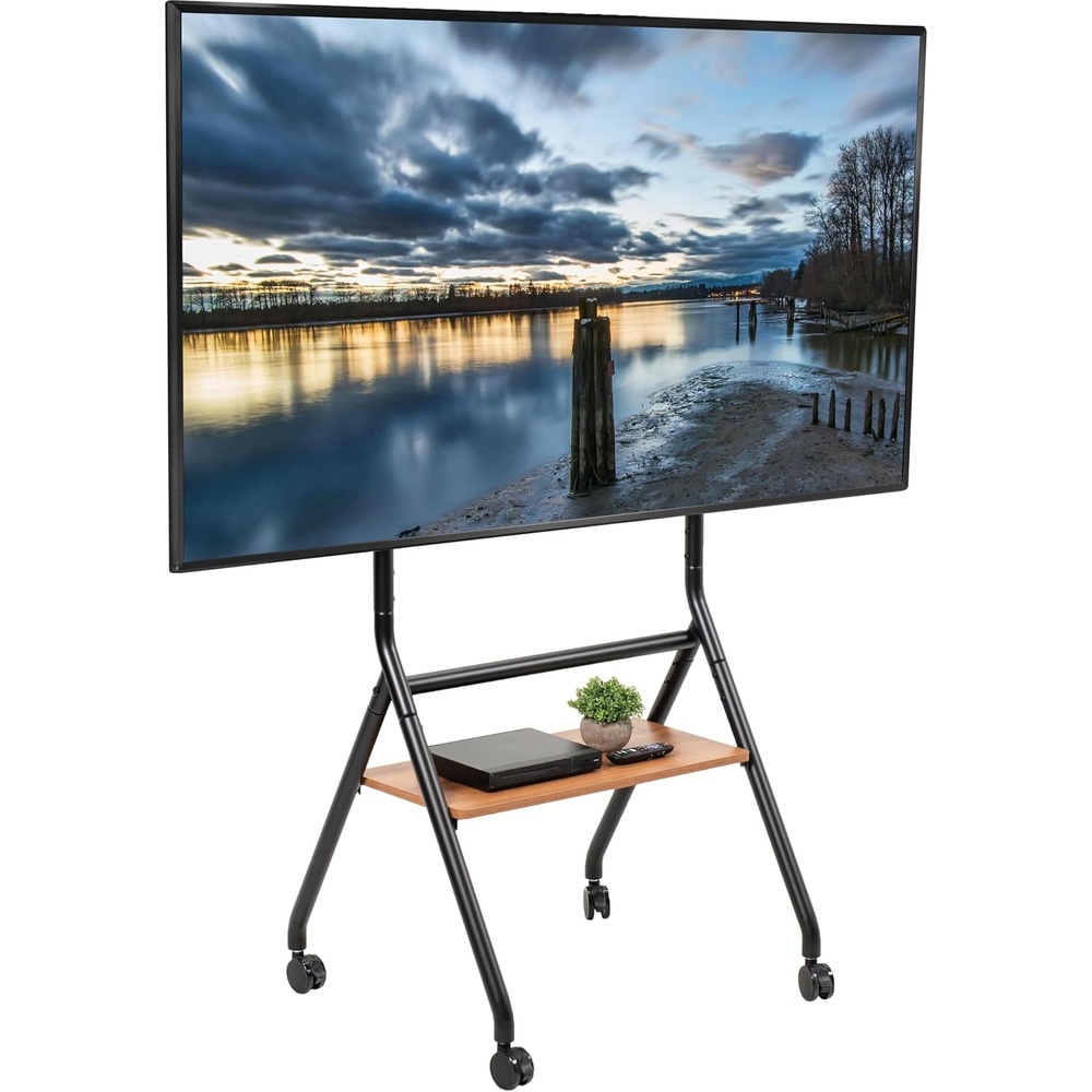 image:imageVIVO Rolling 37 to 86 inch Height Adjustable TV Floor Stand with Shelf Max VESA 600x400mm Dark Wood Shelf Black Frame STANDTV86RD