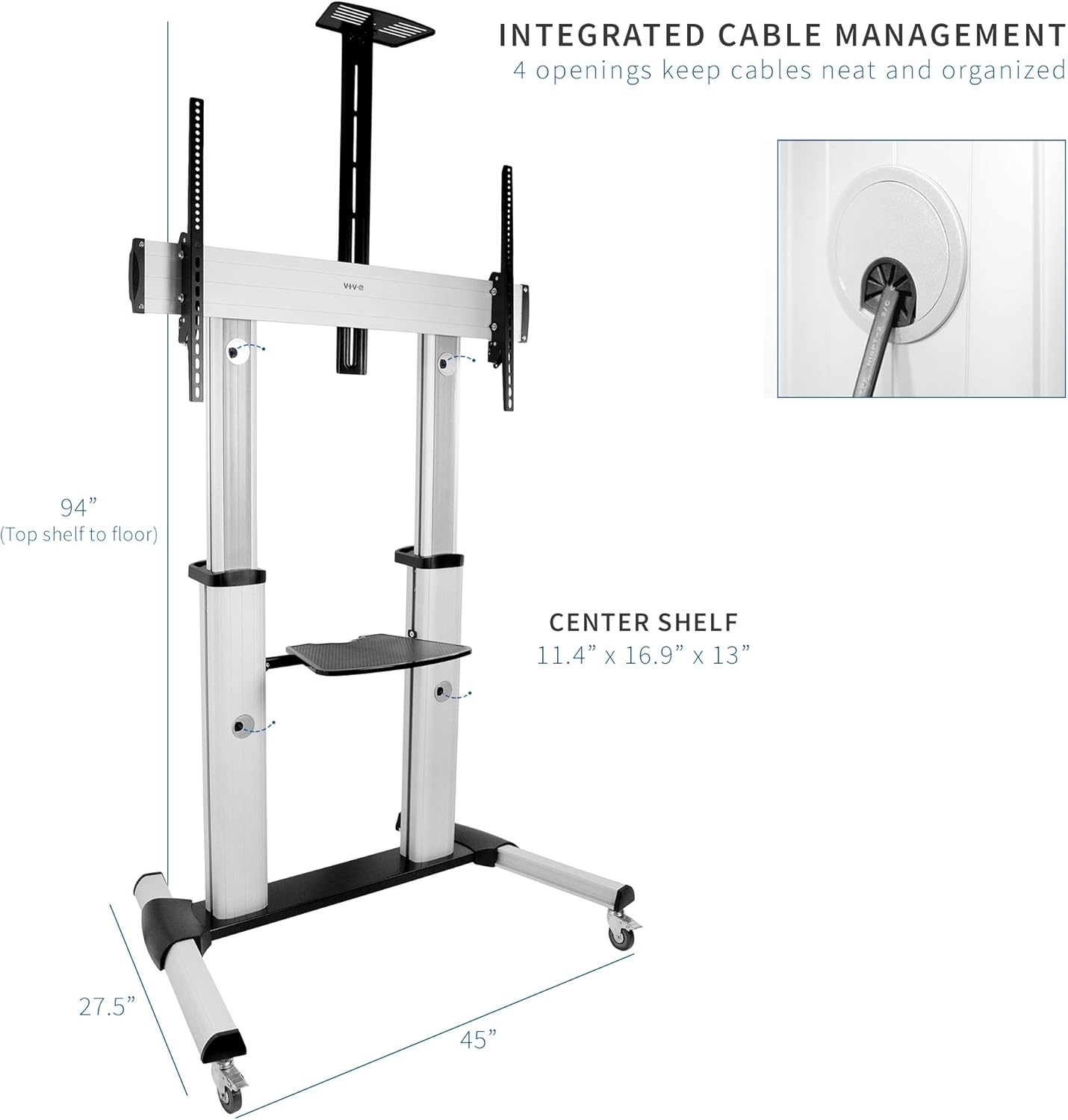image:imageVIVO Aluminum Mobile TV Cart for 32 to 100 inch Screens up to 220 lbs LCD LED OLED 4K Smart Flat and Curved Panels Heavy Duty Stand Shelf Wheels Max VESA 1000x600 Black STANDTV22BSilver