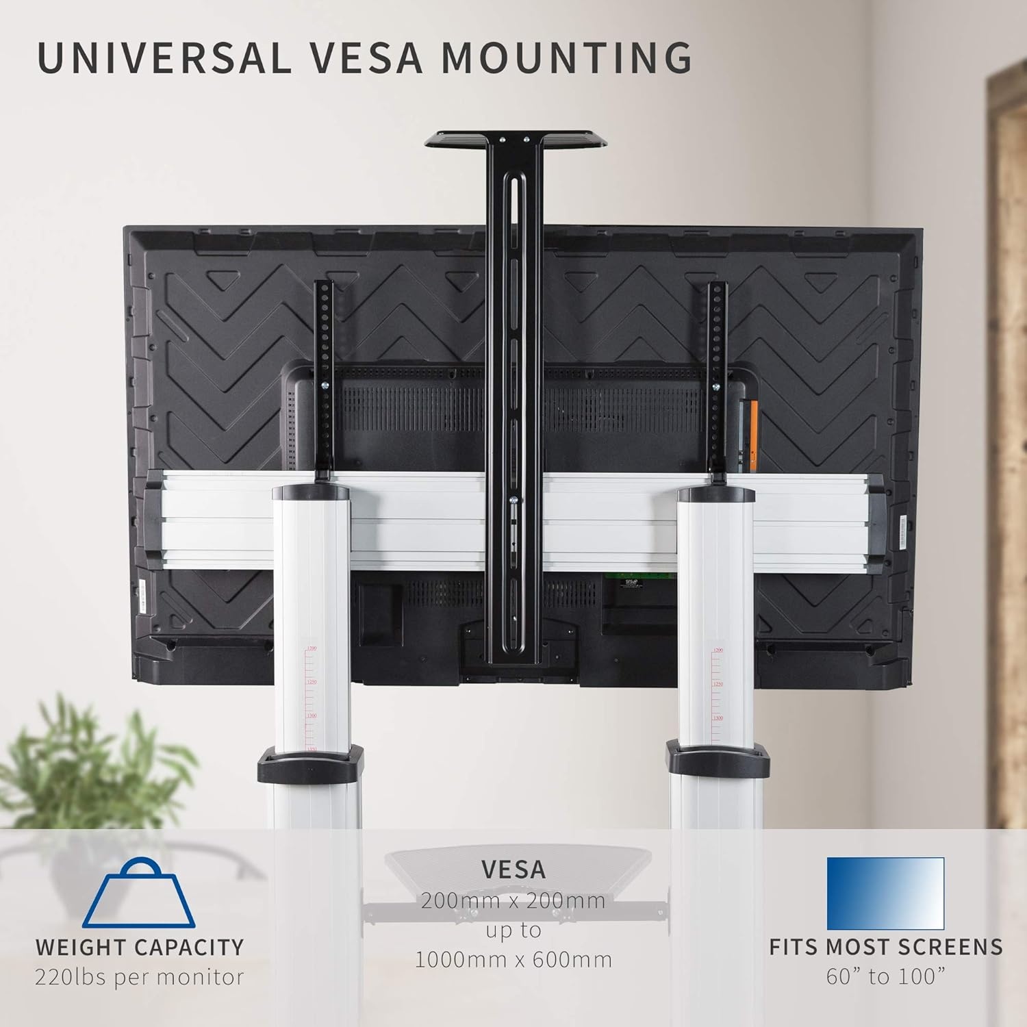 image:imageVIVO Aluminum Mobile TV Cart for 32 to 100 inch Screens up to 220 lbs LCD LED OLED 4K Smart Flat and Curved Panels Heavy Duty Stand Shelf Wheels Max VESA 1000x600 Black STANDTV22BSilver