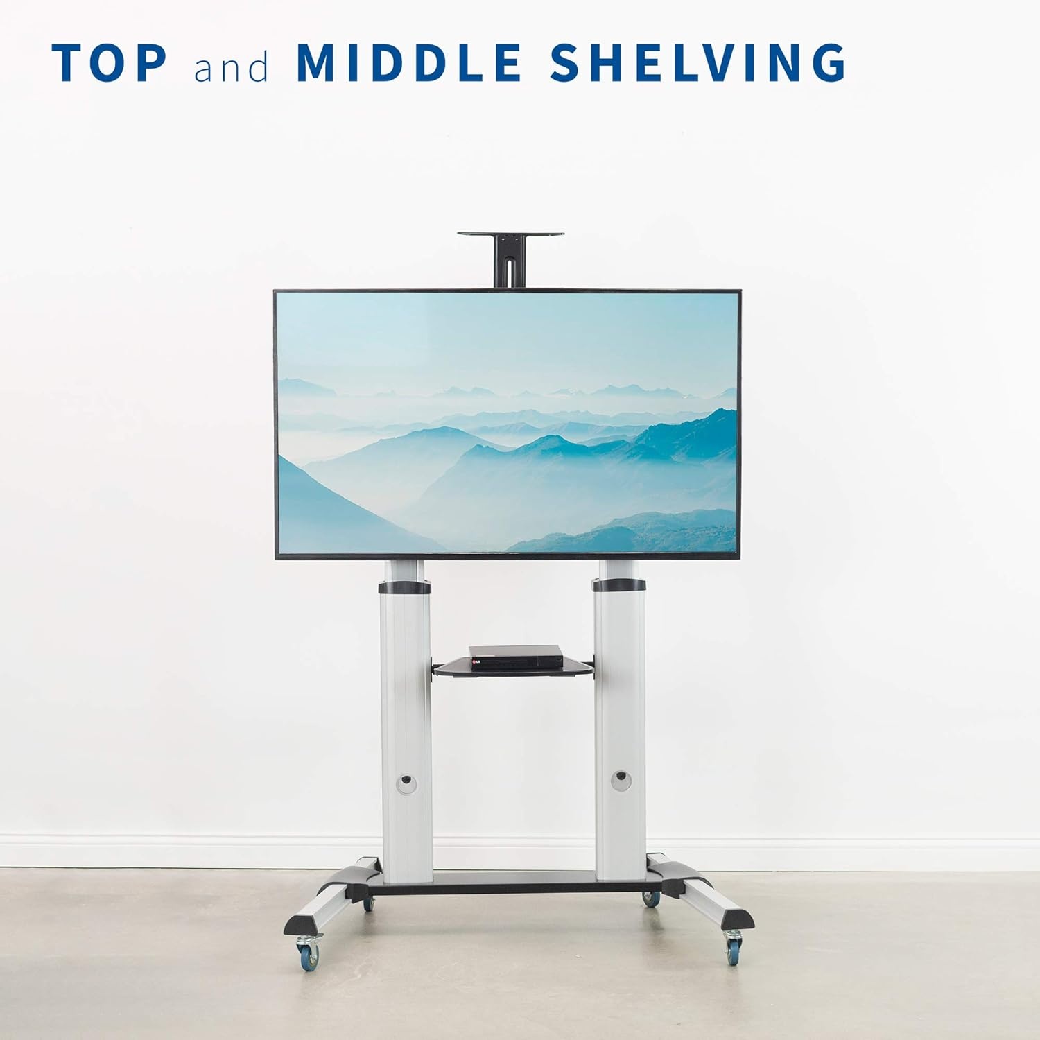 image:imageVIVO Aluminum Mobile TV Cart for 32 to 100 inch Screens up to 220 lbs LCD LED OLED 4K Smart Flat and Curved Panels Heavy Duty Stand Shelf Wheels Max VESA 1000x600 Black STANDTV22BSilver