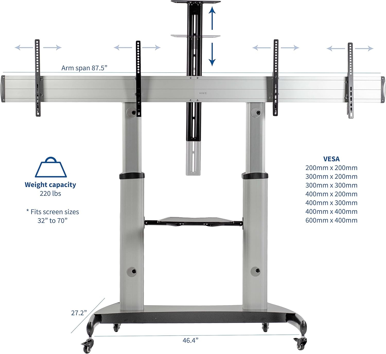 image:imageVIVO Aluminum Mobile TV Cart for 32 to 100 inch Screens up to 220 lbs LCD LED OLED 4K Smart Flat and Curved Panels Heavy Duty Stand Shelf Wheels Max VESA 1000x600 Black STANDTV22BSilver