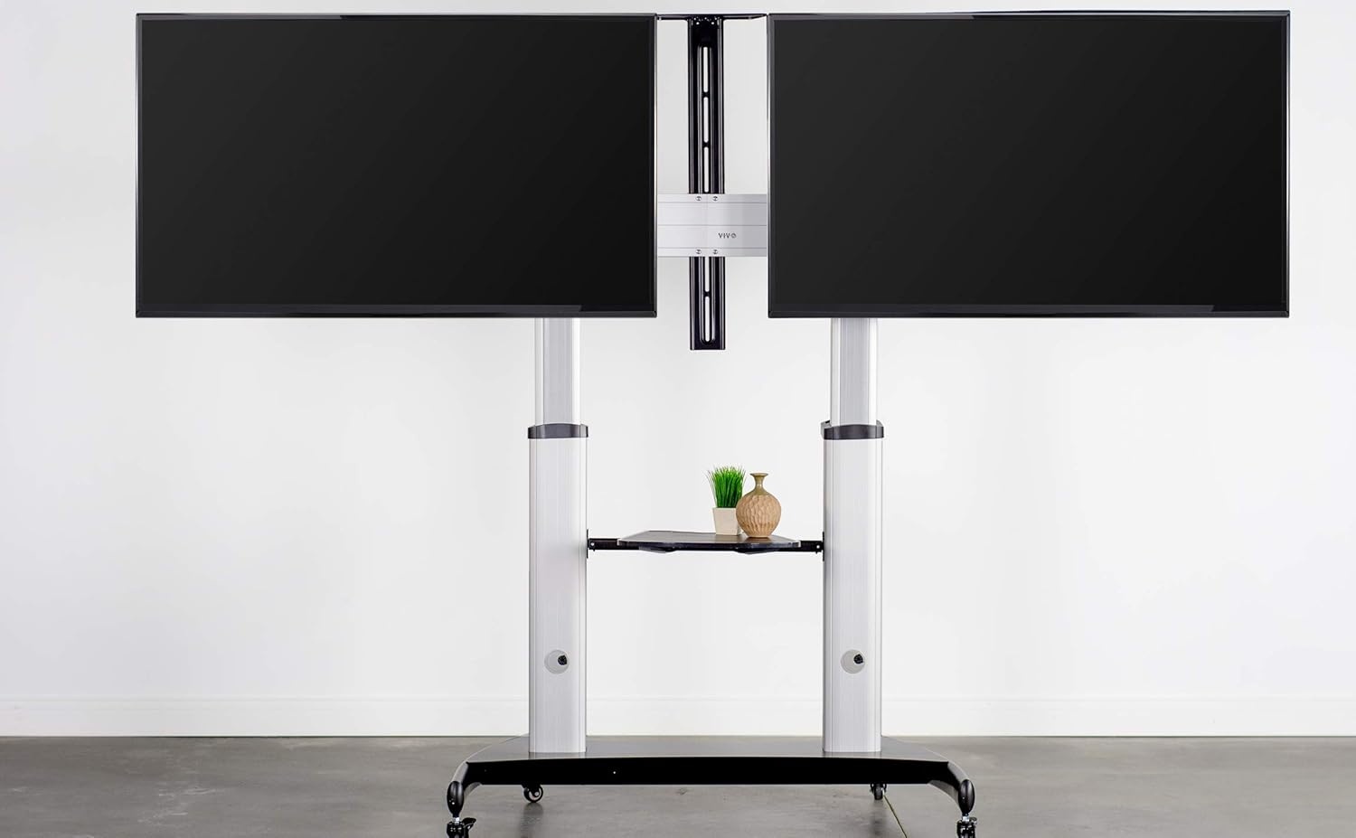 image:imageVIVO Aluminum Mobile TV Cart for 32 to 100 inch Screens up to 220 lbs LCD LED OLED 4K Smart Flat and Curved Panels Heavy Duty Stand Shelf Wheels Max VESA 1000x600 Black STANDTV22BSilver