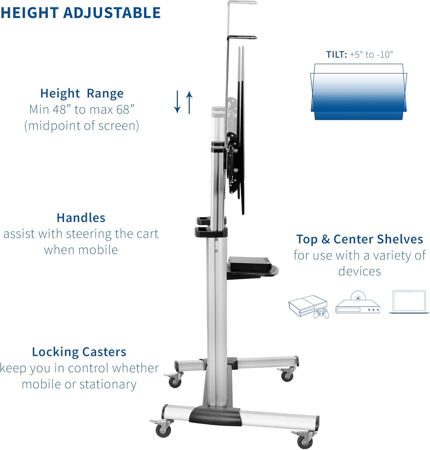 image:imageVIVO Aluminum Mobile TV Cart for 32 to 100 inch Screens up to 220 lbs LCD LED OLED 4K Smart Flat and Curved Panels Heavy Duty Stand Shelf Wheels Max VESA 1000x600 Black STANDTV22BSilver