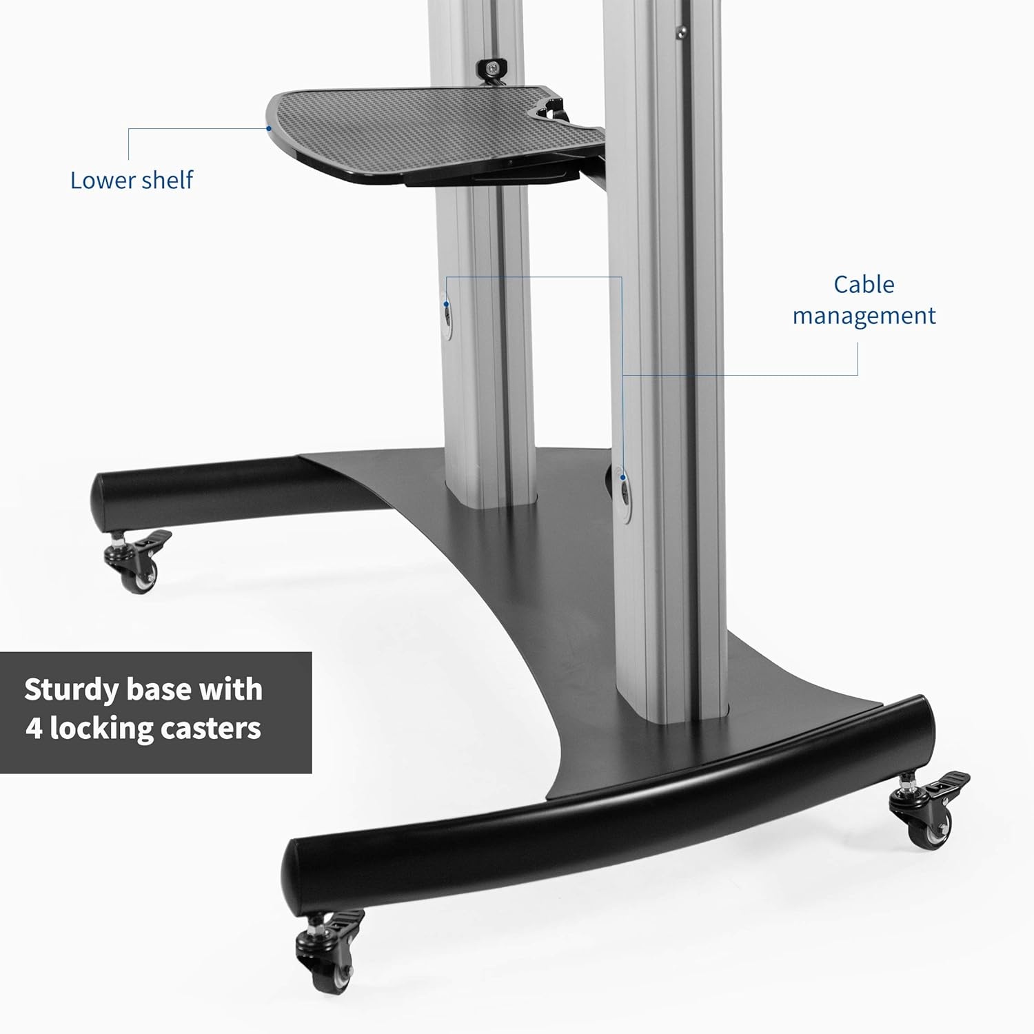 image:imageVIVO Aluminum Mobile TV Cart for 32 to 100 inch Screens up to 220 lbs LCD LED OLED 4K Smart Flat and Curved Panels Heavy Duty Stand Shelf Wheels Max VESA 1000x600 Black STANDTV22BSilver