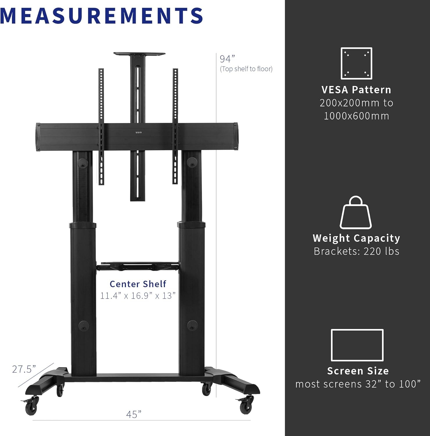 image:imageVIVO Aluminum Mobile TV Cart for 32 to 100 inch Screens up to 220 lbs LCD LED OLED 4K Smart Flat and Curved Panels Heavy Duty Stand Shelf Wheels Max VESA 1000x600 Black STANDTV22BBlack