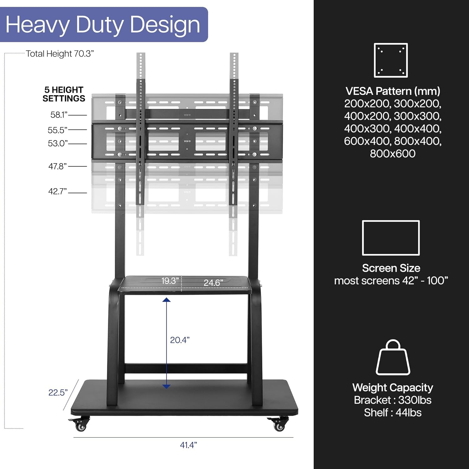 image:imageVIVO Heavy Duty Mobile TV Cart for 42 to 100 inch Screens up to 330 lbs LCD LED OLED 4K Smart Flat and Curved Panels Max 800x600 VESA Metal AV Shelf Locking Casters Black STANDTV100C