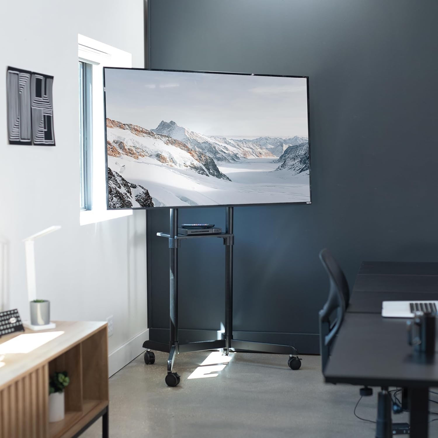 image:imageVIVO Mobile Premium TV Cart for 32 to 88 inch Screens up to 154 lbs Samsung Digital Flipchart Microsoft Surface Hub 2S Portrait to Landscape Shelf Wheels Max VESA 600x400 Black STANDTV02PBBlack