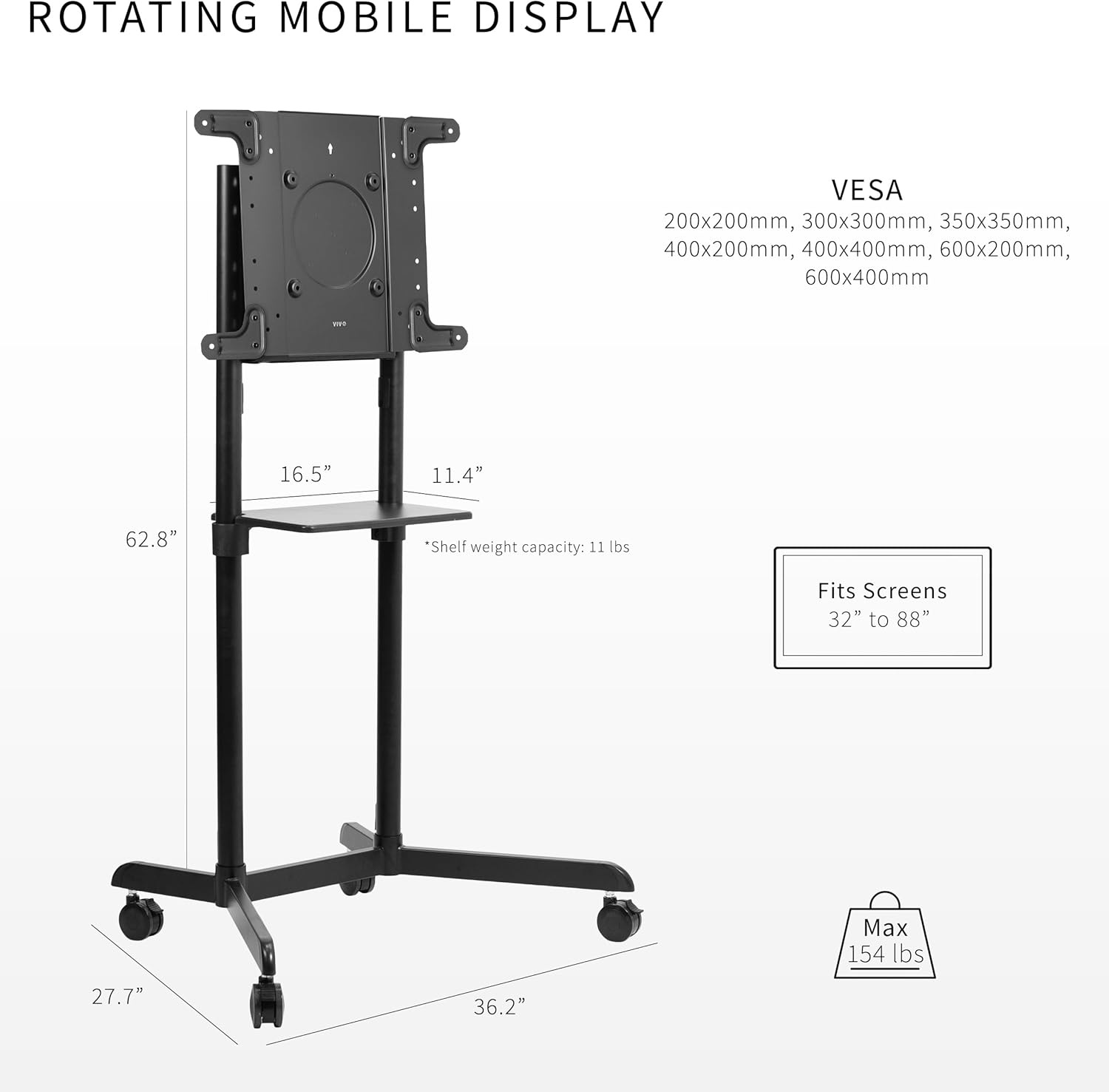 image:imageVIVO Mobile Premium TV Cart for 32 to 88 inch Screens up to 154 lbs Samsung Digital Flipchart Microsoft Surface Hub 2S Portrait to Landscape Shelf Wheels Max VESA 600x400 Black STANDTV02PBBlack