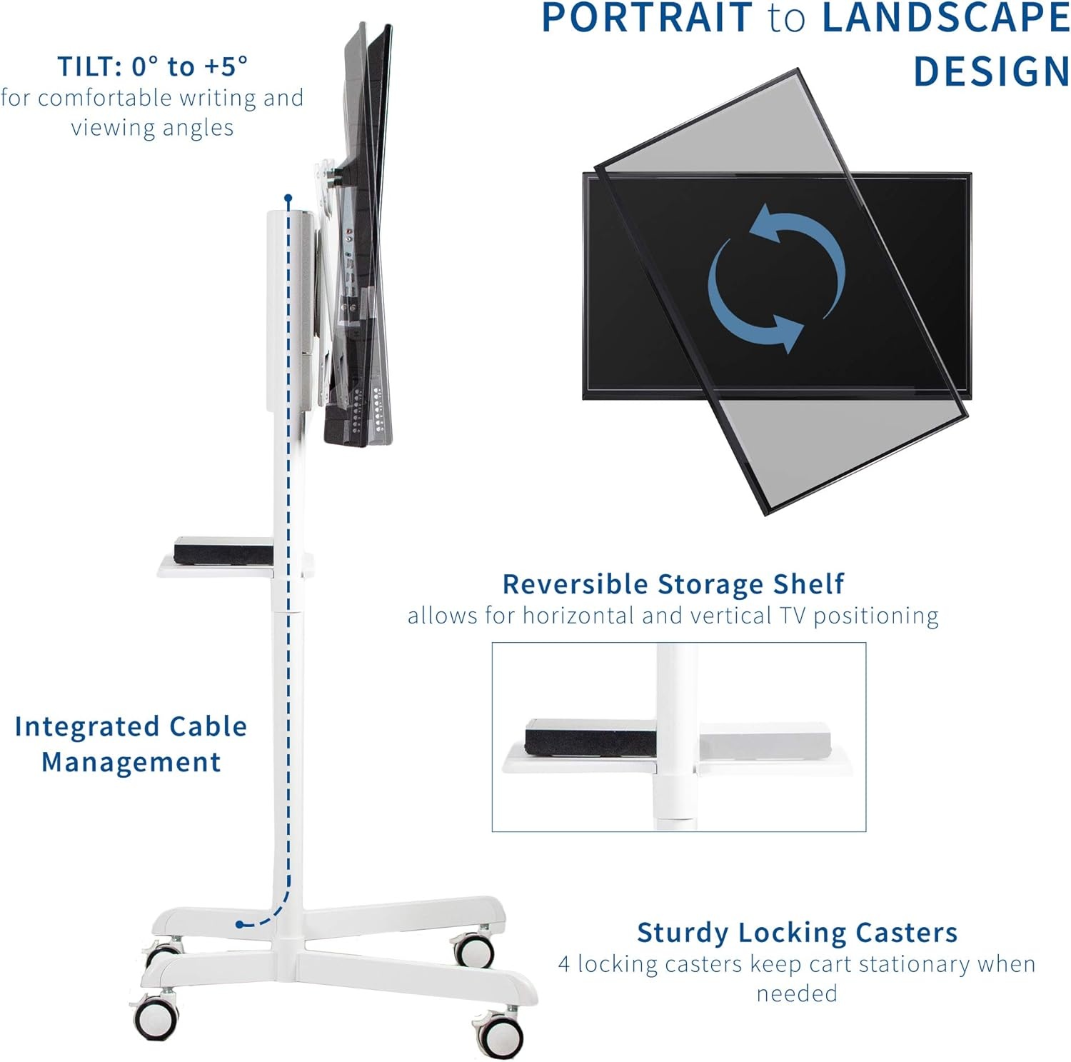 image:imageVIVO Mobile Premium TV Cart for 32 to 88 inch Screens up to 154 lbs Samsung Digital Flipchart Microsoft Surface Hub 2S Portrait to Landscape Shelf Wheels Max VESA 600x400 Black STANDTV02PBWhite