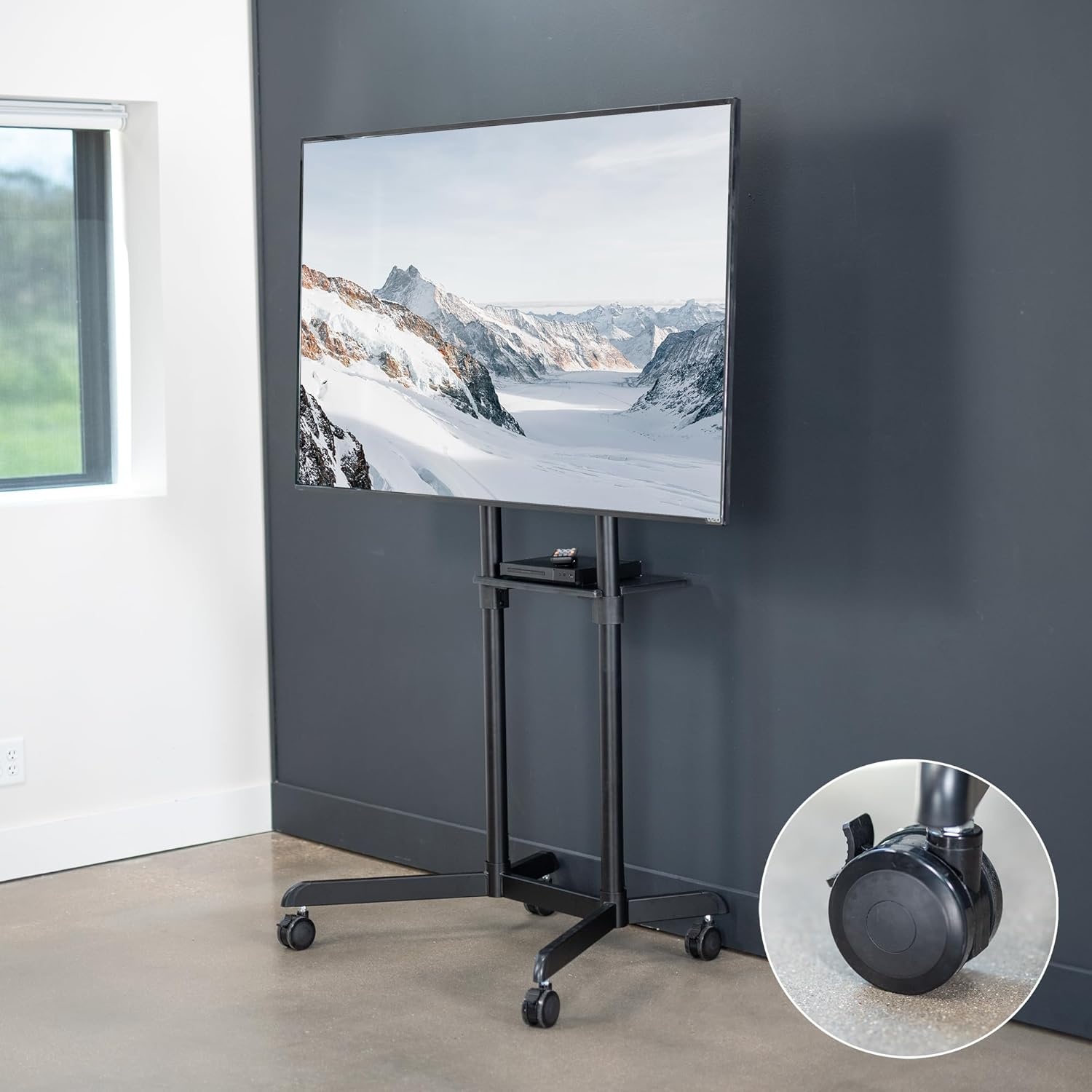 image:imageVIVO Mobile Premium TV Cart for 32 to 88 inch Screens up to 154 lbs Samsung Digital Flipchart Microsoft Surface Hub 2S Portrait to Landscape Shelf Wheels Max VESA 600x400 Black STANDTV02PBBlack