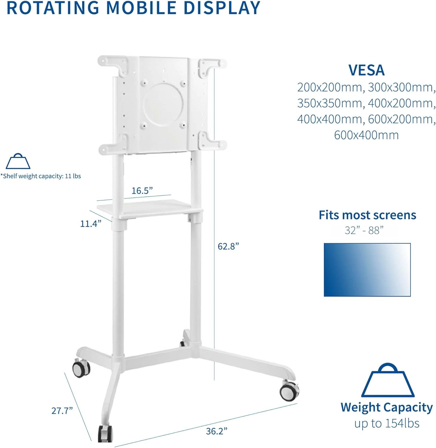 image:imageVIVO Mobile Premium TV Cart for 32 to 88 inch Screens up to 154 lbs Samsung Digital Flipchart Microsoft Surface Hub 2S Portrait to Landscape Shelf Wheels Max VESA 600x400 Black STANDTV02PBWhite