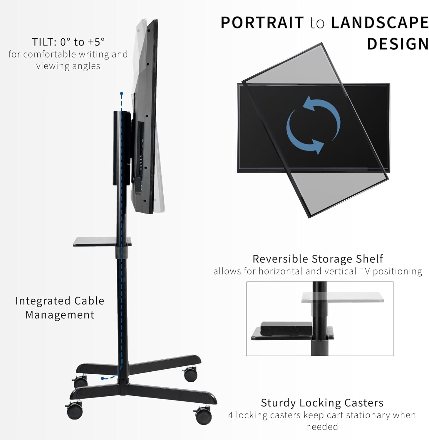 image:imageVIVO Mobile Premium TV Cart for 32 to 88 inch Screens up to 154 lbs Samsung Digital Flipchart Microsoft Surface Hub 2S Portrait to Landscape Shelf Wheels Max VESA 600x400 Black STANDTV02PBBlack