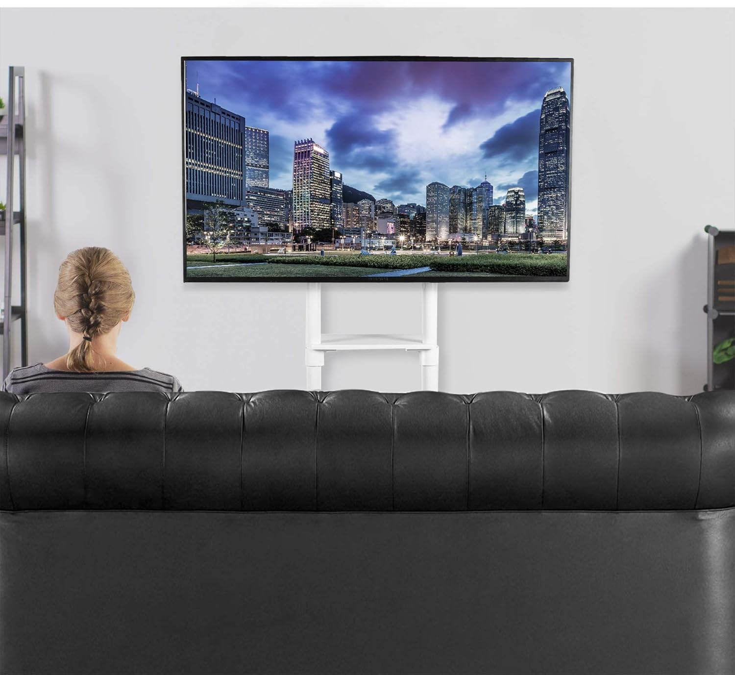 image:imageVIVO Mobile Premium TV Cart for 32 to 88 inch Screens up to 154 lbs Samsung Digital Flipchart Microsoft Surface Hub 2S Portrait to Landscape Shelf Wheels Max VESA 600x400 Black STANDTV02PBWhite