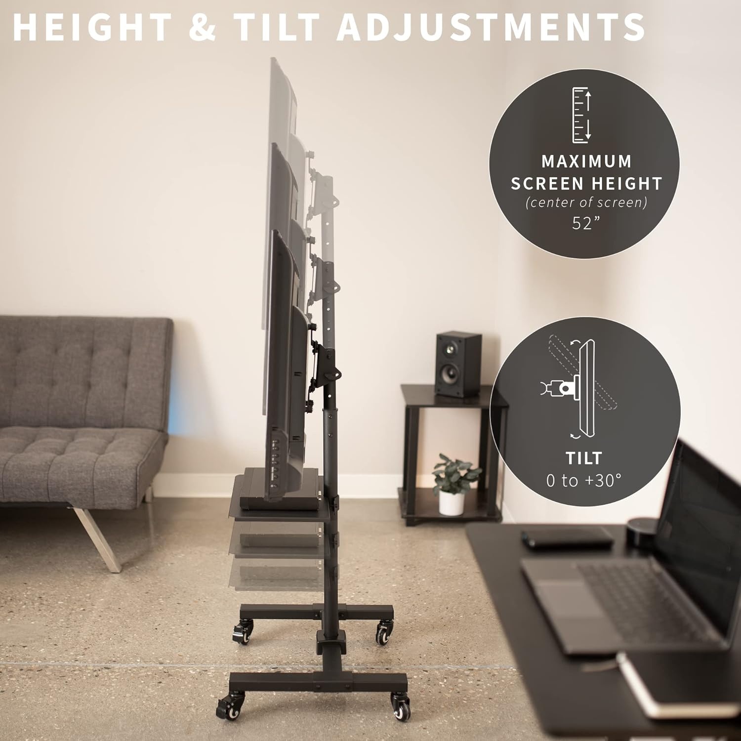 image:imageVIVO Mobile TV Cart for 13 to 50 inch Screens up to 44 lbs LCD LED OLED 4K Smart Flat and Curved Monitor Panels Rolling Stand Locking Wheels Max VESA 200x200 Black STANDTV07WShelf