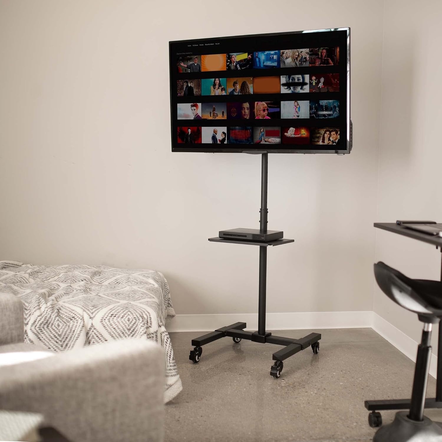 image:imageVIVO Mobile TV Cart for 13 to 50 inch Screens up to 44 lbs LCD LED OLED 4K Smart Flat and Curved Monitor Panels Rolling Stand Locking Wheels Max VESA 200x200 Black STANDTV07WShelf