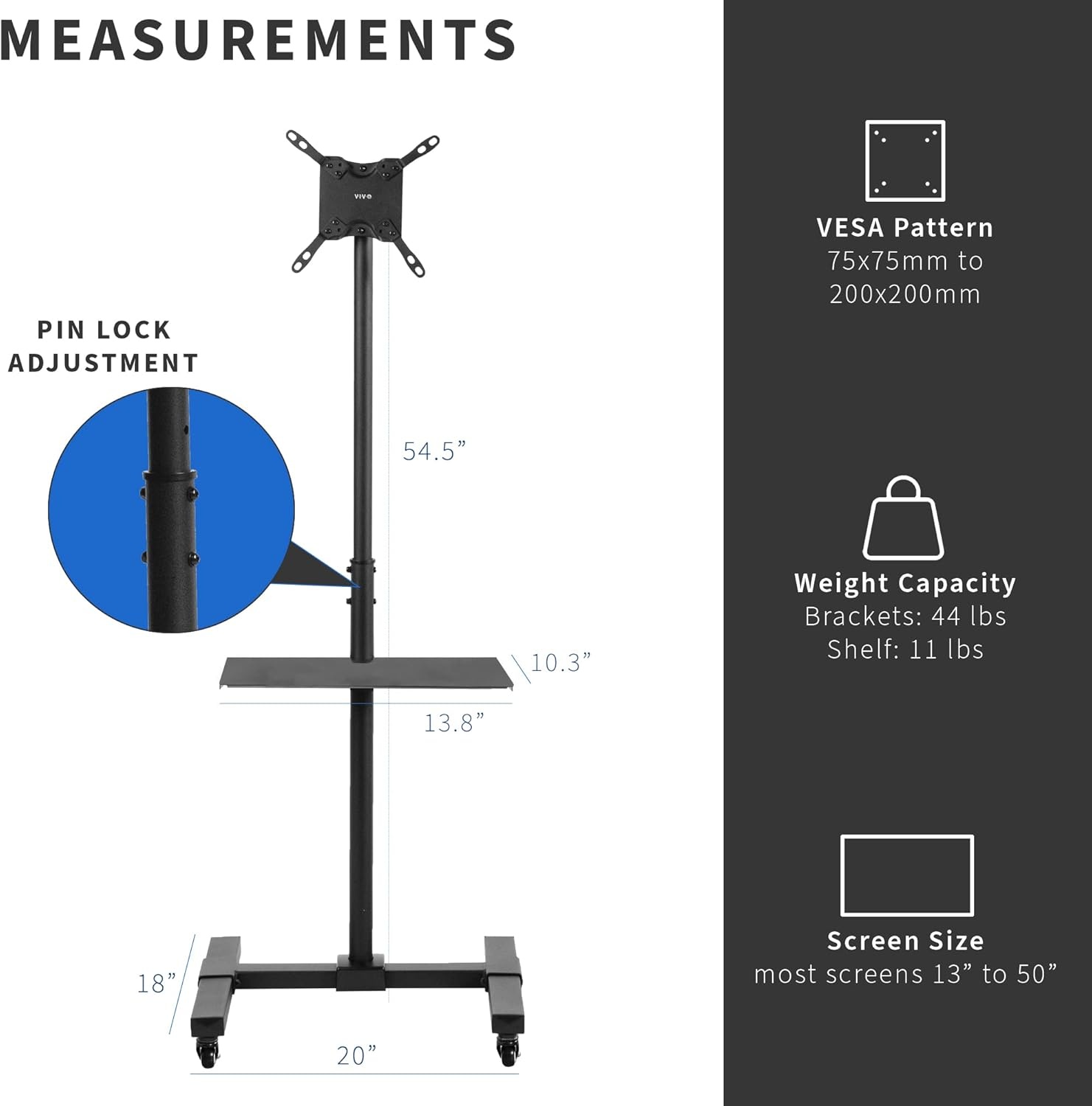 image:imageVIVO Mobile TV Cart for 13 to 50 inch Screens up to 44 lbs LCD LED OLED 4K Smart Flat and Curved Monitor Panels Rolling Stand Locking Wheels Max VESA 200x200 Black STANDTV07WShelf