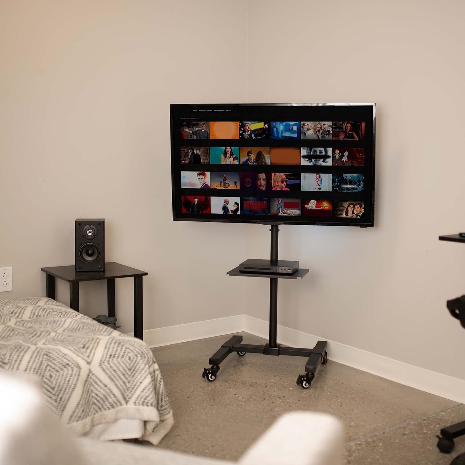 image:imageVIVO Mobile TV Cart for 13 to 50 inch Screens up to 44 lbs LCD LED OLED 4K Smart Flat and Curved Monitor Panels Rolling Stand Locking Wheels Max VESA 200x200 Black STANDTV07WShelf