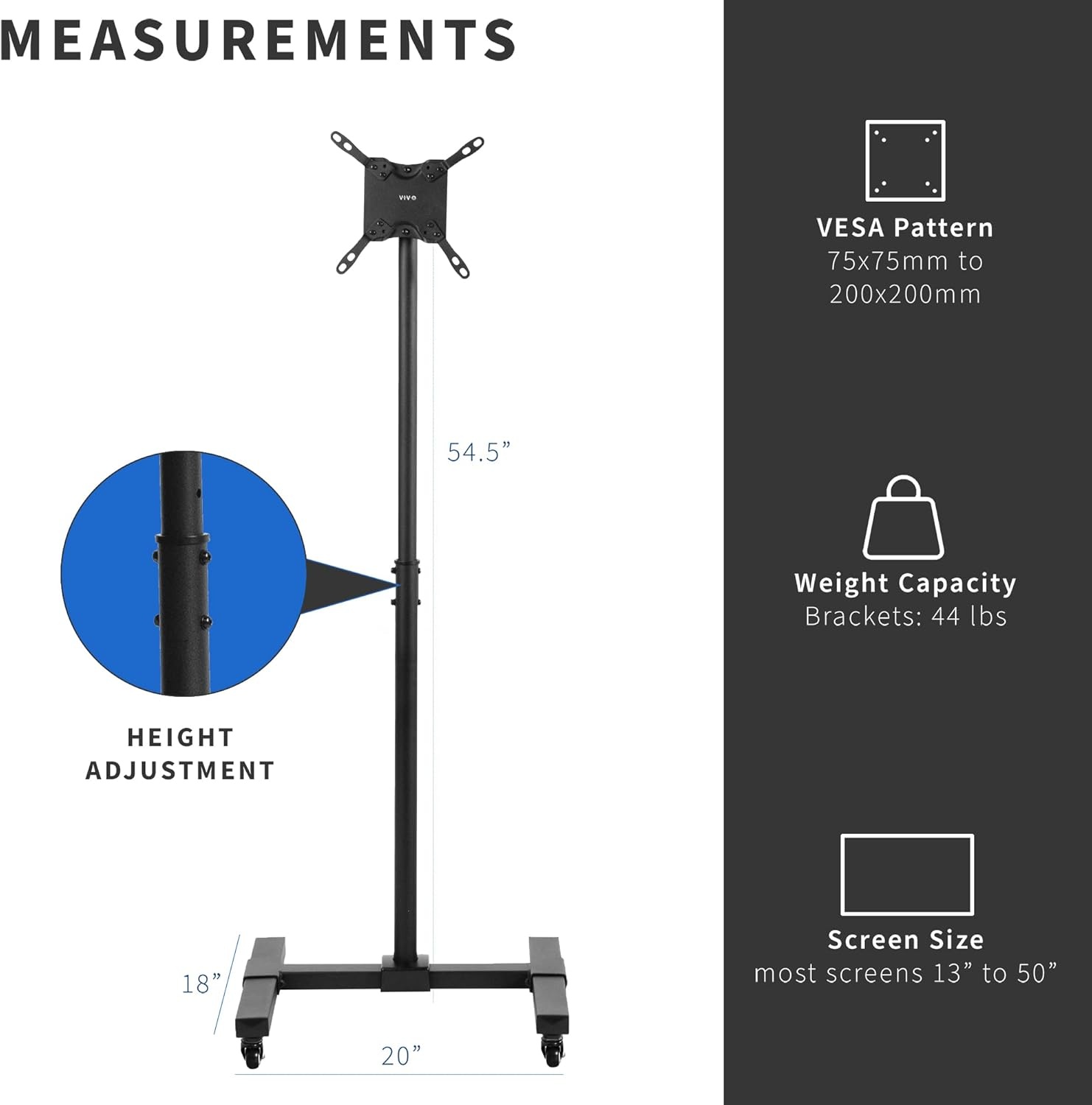 image:imageVIVO Mobile TV Cart for 13 to 50 inch Screens up to 44 lbs LCD LED OLED 4K Smart Flat and Curved Monitor Panels Rolling Stand Locking Wheels Max VESA 200x200 Black STANDTV07WWith Wheels