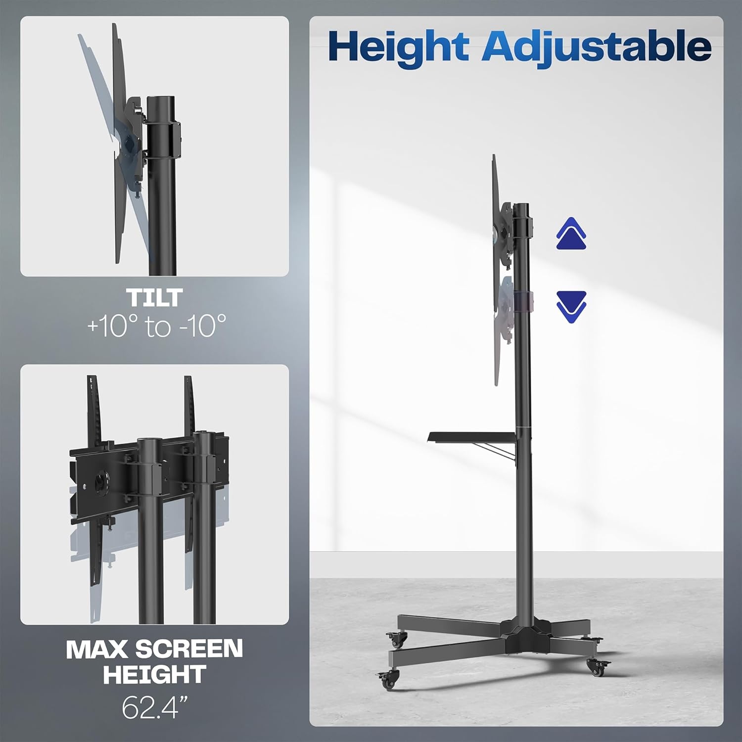image:imageVIVO Tall TV Cart for 32 to 83 inch Screens up to 110 lbs LCD LED OLED 4K Smart Flat and Curved Panels Rolling Stand with Laptop DVD Shelf Locking Wheels Max VESA 600x400 Black STANDTV13E55 to 100 screen