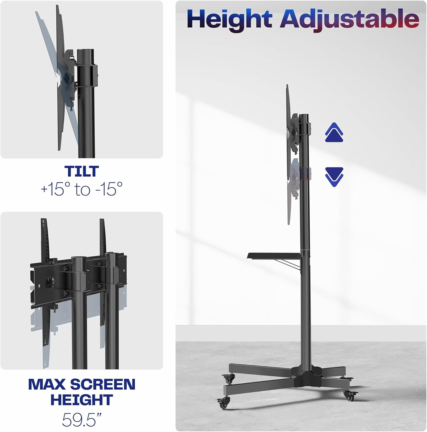 image:imageVIVO Tall TV Cart for 32 to 83 inch Screens up to 110 lbs LCD LED OLED 4K Smart Flat and Curved Panels Rolling Stand with Laptop DVD Shelf Locking Wheels Max VESA 600x400 Black STANDTV13E32 to 83 screen