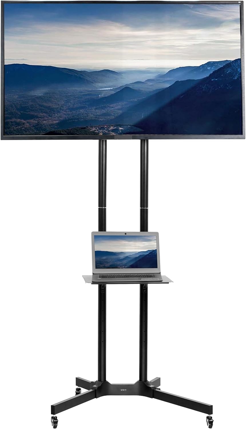 image:imageVIVO Tall TV Cart for 32 to 83 inch Screens up to 110 lbs LCD LED OLED 4K Smart Flat and Curved Panels Rolling Stand with Laptop DVD Shelf Locking Wheels Max VESA 600x400 Black STANDTV13E32 to 83 screen