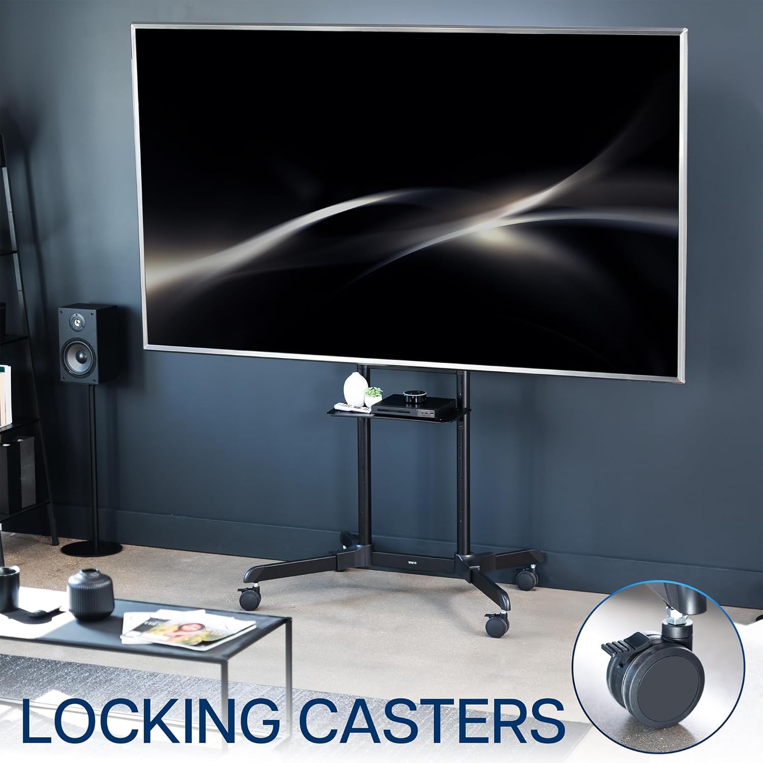 image:imageVIVO Tall TV Cart for 32 to 83 inch Screens up to 110 lbs LCD LED OLED 4K Smart Flat and Curved Panels Rolling Stand with Laptop DVD Shelf Locking Wheels Max VESA 600x400 Black STANDTV13E55 to 100 screen