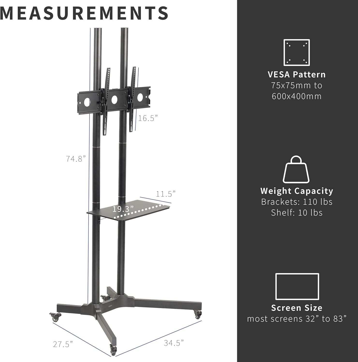 image:imageVIVO Tall TV Cart for 32 to 83 inch Screens up to 110 lbs LCD LED OLED 4K Smart Flat and Curved Panels Rolling Stand with Laptop DVD Shelf Locking Wheels Max VESA 600x400 Black STANDTV13E32 to 83 screen