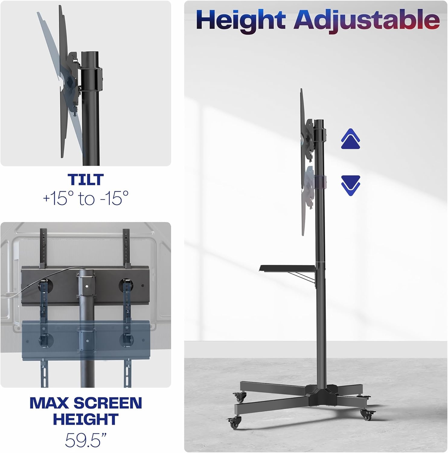 image:imageVIVO Tall TV Cart for 32 to 83 inch Screens up to 110 lbs LCD LED OLED 4K Smart Flat and Curved Panels Rolling Stand with Laptop DVD Shelf Locking Wheels Max VESA 600x400 Black STANDTV13E13 to 60 screen