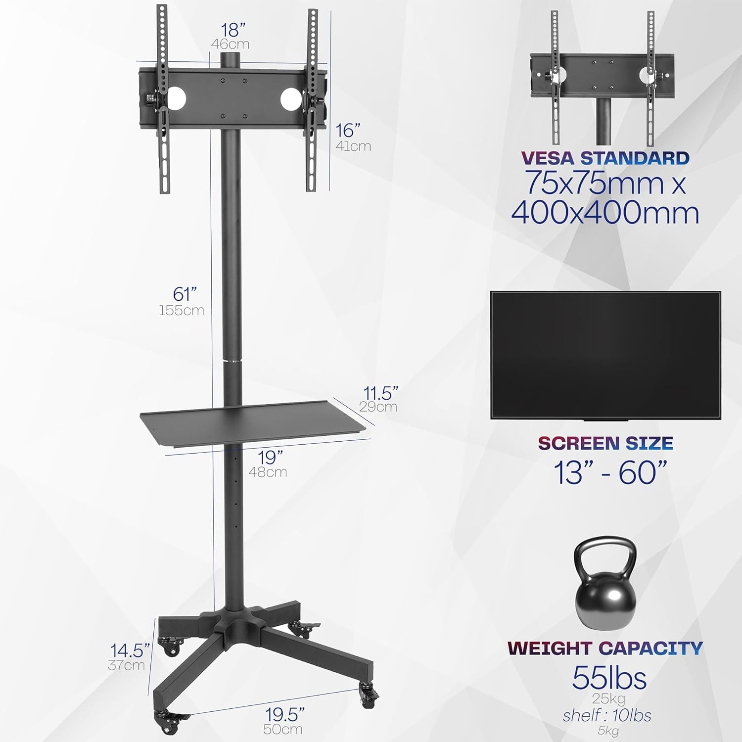 image:imageVIVO Tall TV Cart for 32 to 83 inch Screens up to 110 lbs LCD LED OLED 4K Smart Flat and Curved Panels Rolling Stand with Laptop DVD Shelf Locking Wheels Max VESA 600x400 Black STANDTV13E13 to 60 screen