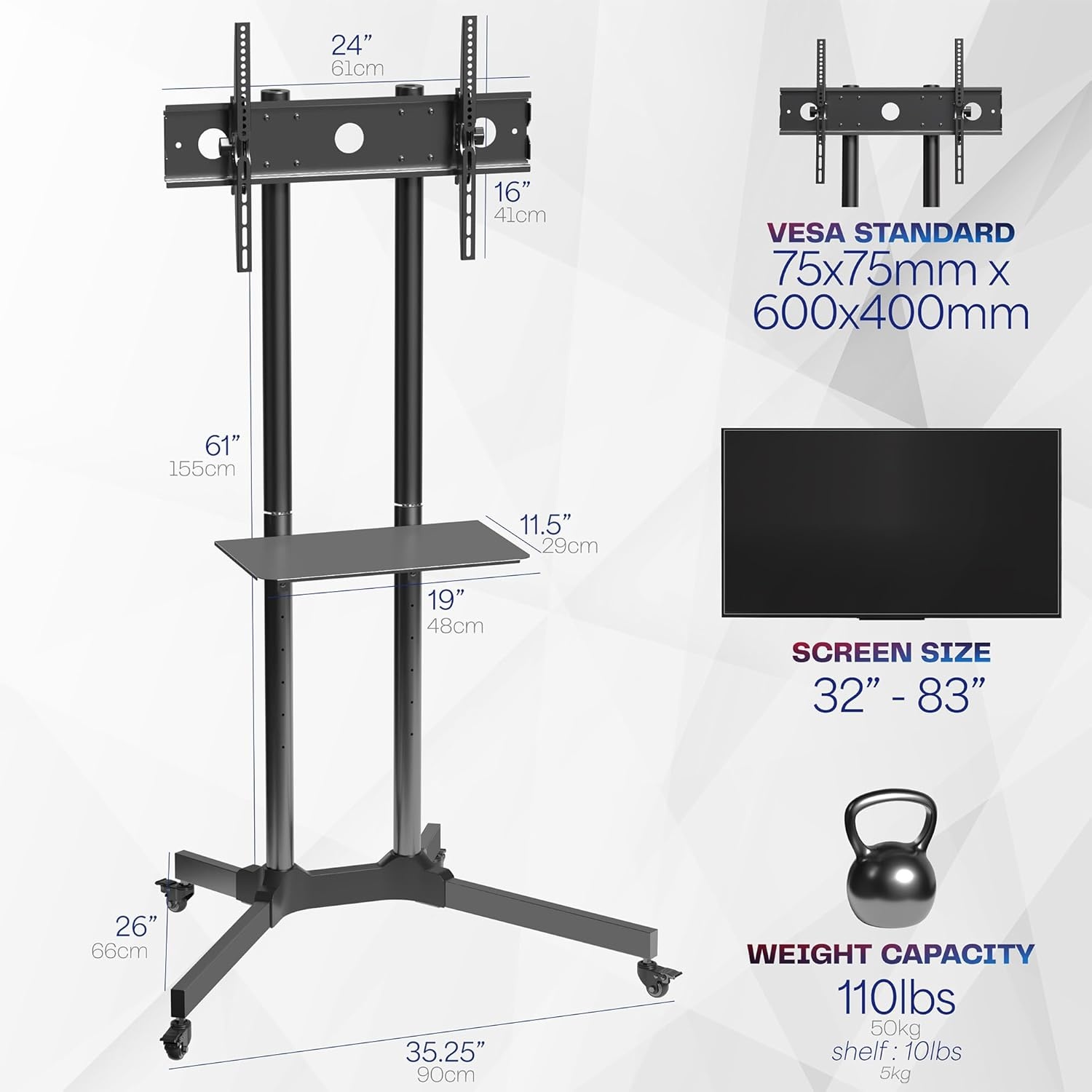 image:imageVIVO Tall TV Cart for 32 to 83 inch Screens up to 110 lbs LCD LED OLED 4K Smart Flat and Curved Panels Rolling Stand with Laptop DVD Shelf Locking Wheels Max VESA 600x400 Black STANDTV13E32 to 83 screen