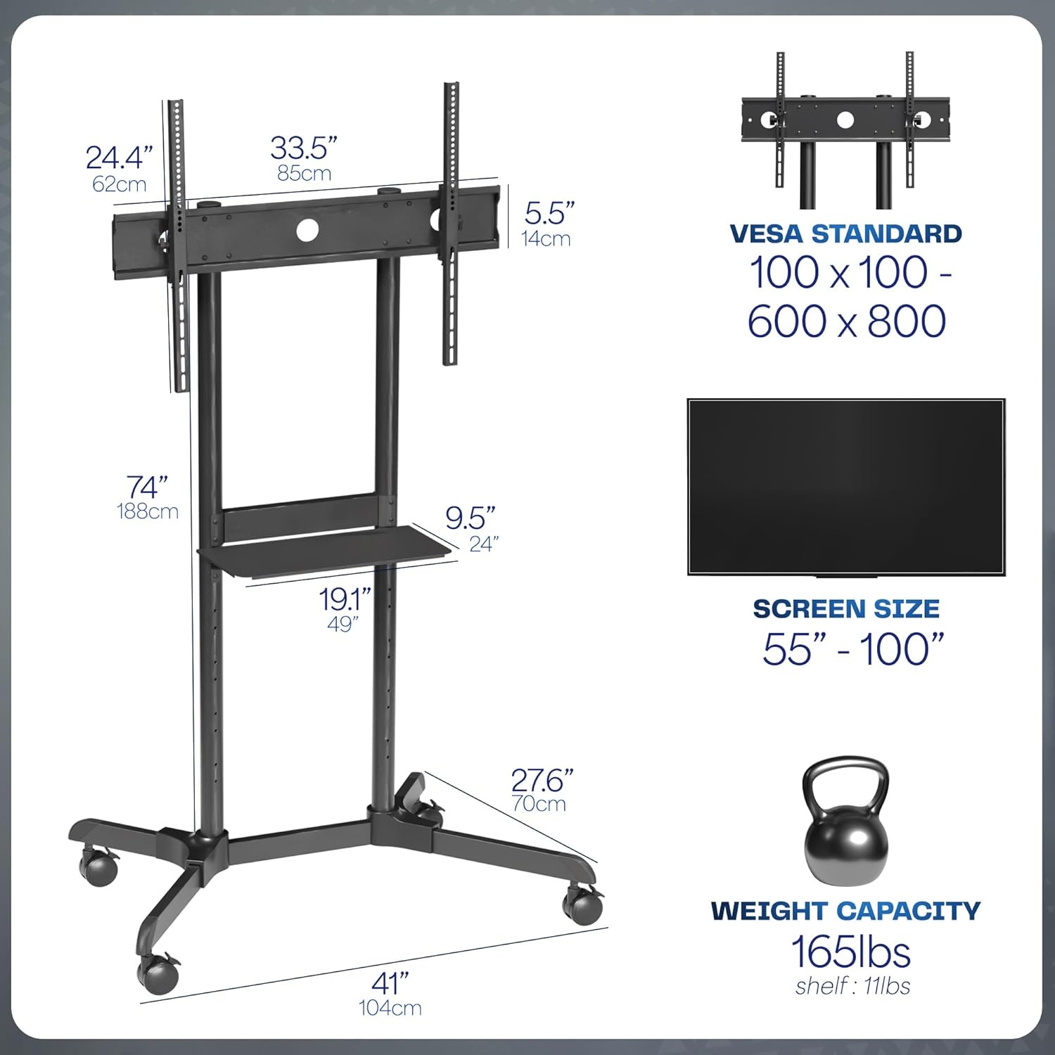 image:imageVIVO Tall TV Cart for 32 to 83 inch Screens up to 110 lbs LCD LED OLED 4K Smart Flat and Curved Panels Rolling Stand with Laptop DVD Shelf Locking Wheels Max VESA 600x400 Black STANDTV13E55 to 100 screen