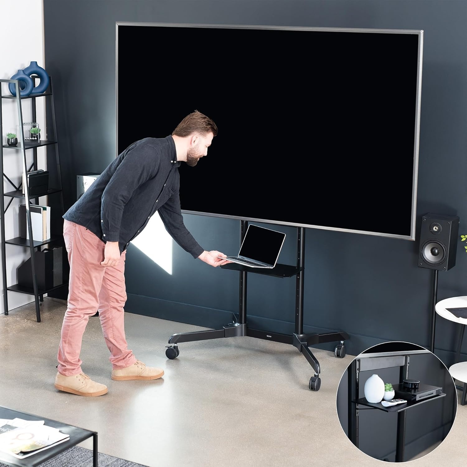 image:imageVIVO Tall TV Cart for 32 to 83 inch Screens up to 110 lbs LCD LED OLED 4K Smart Flat and Curved Panels Rolling Stand with Laptop DVD Shelf Locking Wheels Max VESA 600x400 Black STANDTV13E55 to 100 screen