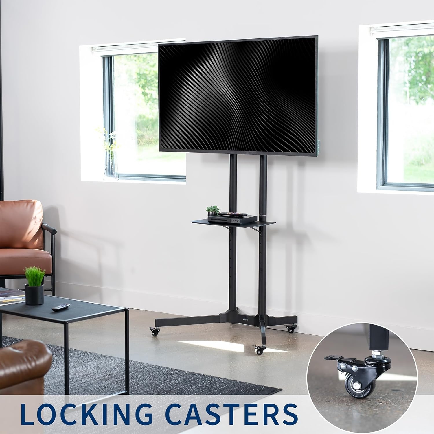 image:imageVIVO Tall TV Cart for 32 to 83 inch Screens up to 110 lbs LCD LED OLED 4K Smart Flat and Curved Panels Rolling Stand with Laptop DVD Shelf Locking Wheels Max VESA 600x400 Black STANDTV13E32 to 83 screen