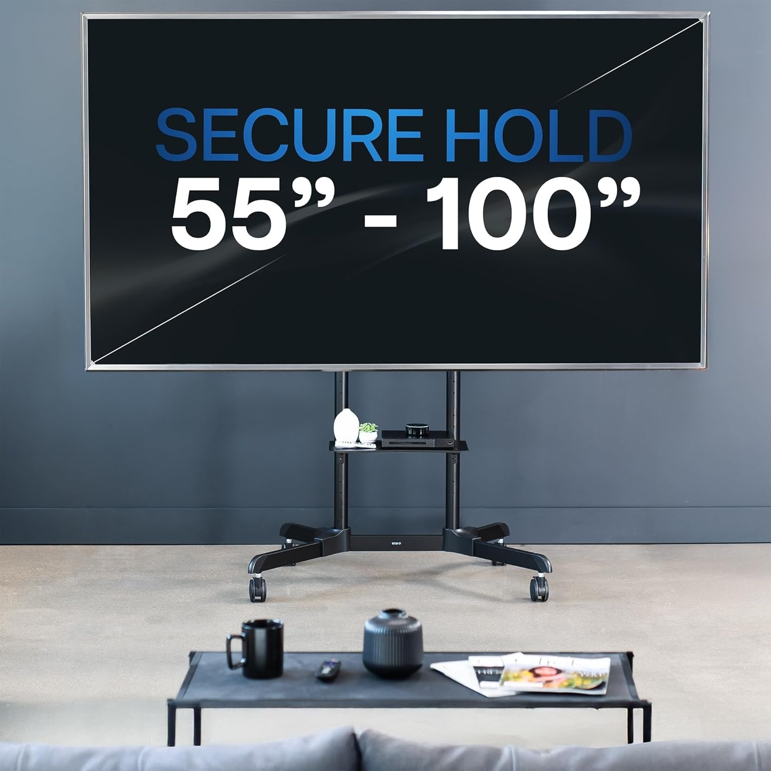 image:imageVIVO Tall TV Cart for 32 to 83 inch Screens up to 110 lbs LCD LED OLED 4K Smart Flat and Curved Panels Rolling Stand with Laptop DVD Shelf Locking Wheels Max VESA 600x400 Black STANDTV13E55 to 100 screen