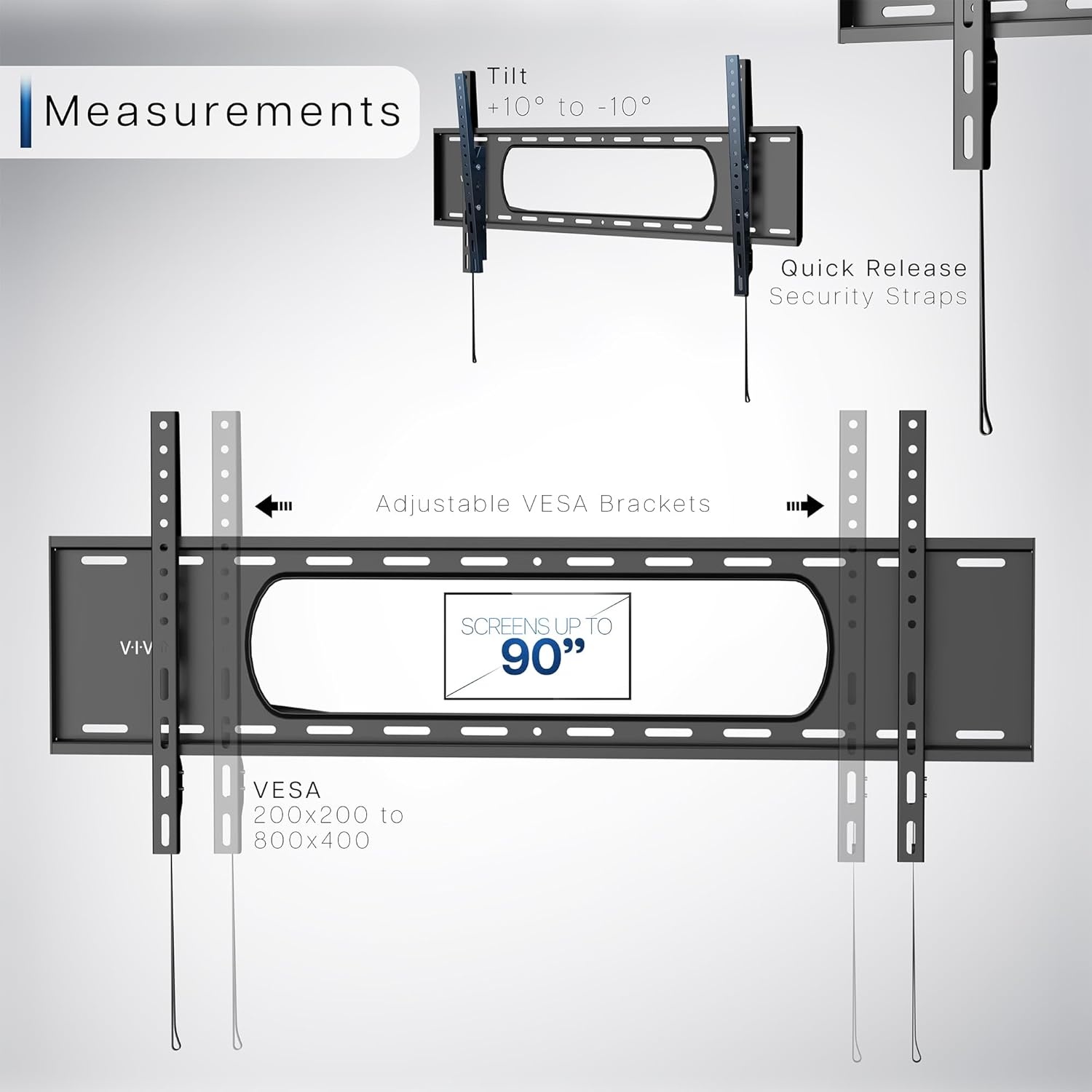 image:imageVIVO Ultra Heavy Duty TV Wall Mount for 43 to 90 inch Screens Large Fixed Mount Fits up to 800x400mm VESA Black MOUNTVW090F43 to 90 screens