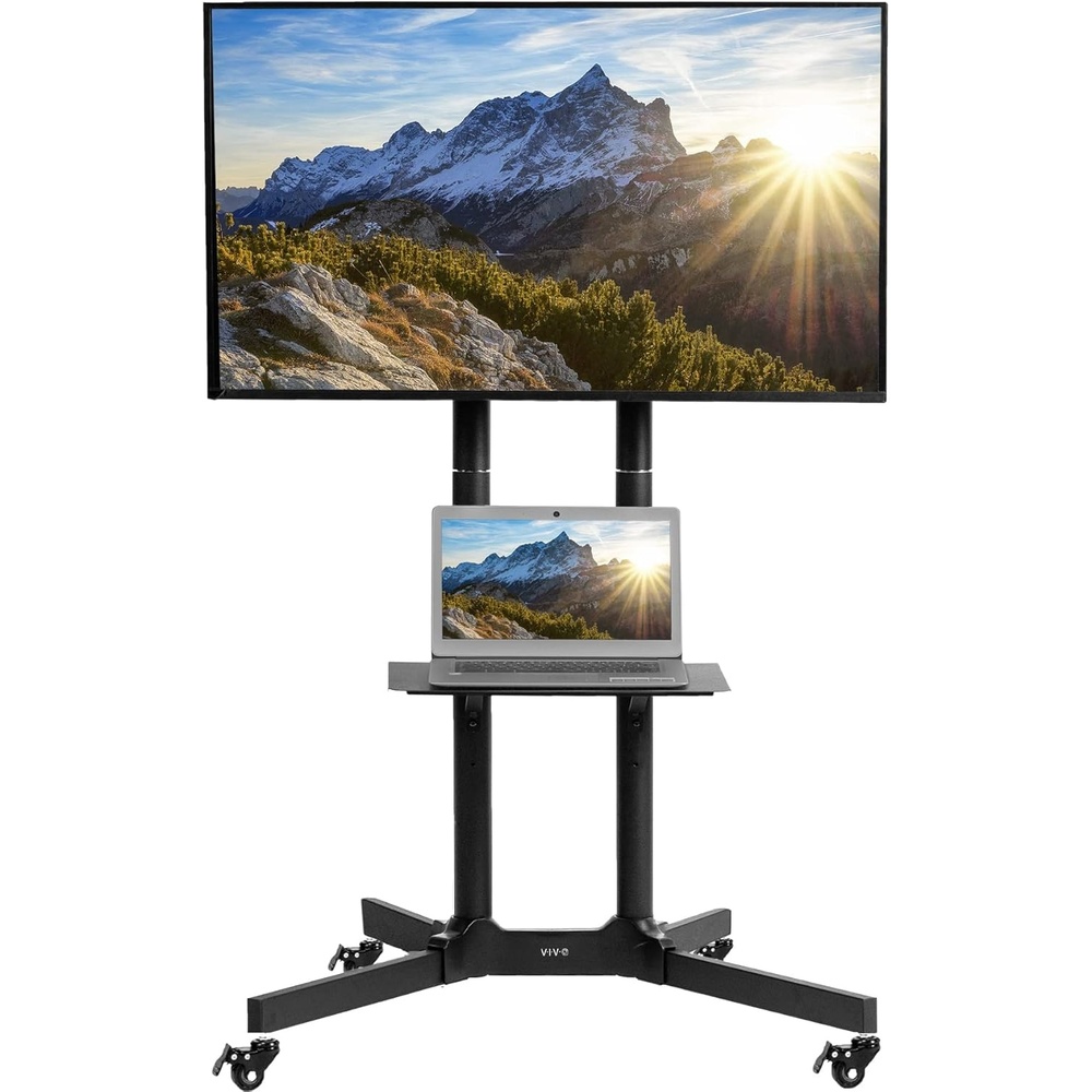 image:imageVIVO Tall TV Cart for 32 to 83 inch Screens up to 110 lbs LCD LED OLED 4K Smart Flat and Curved Panels Rolling Stand with Laptop DVD Shelf Locking Wheels Max VESA 600x400 Black STANDTV13E32 to 83 screen