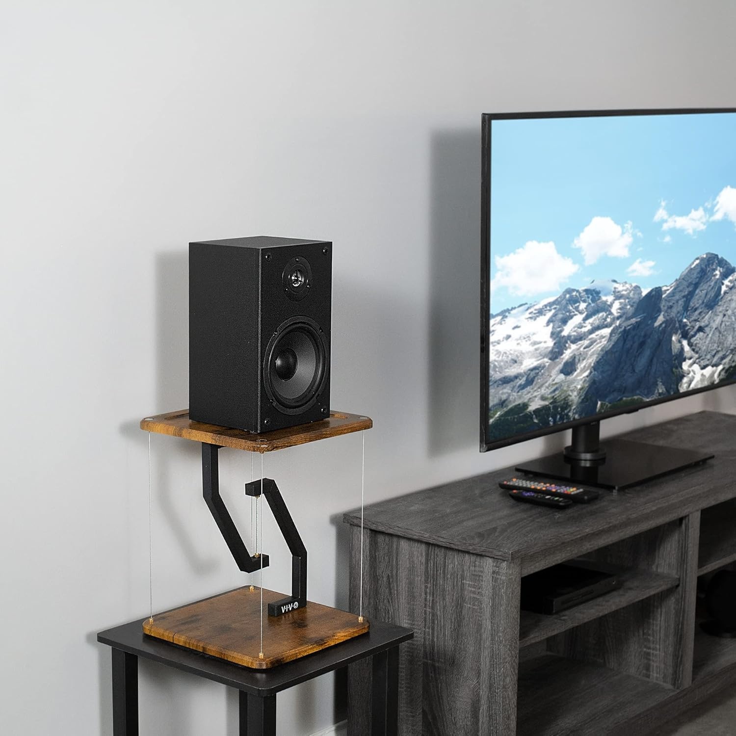 image:imageVIVO AntiGravity 12 inch Speaker Floor Stand Floating Modern Speaker Holder Audio Platform Tensegrity Display Shelf 24 inches High Rustic Vintage Brown Surface Black Frame STANDTEN02DVintage Brown