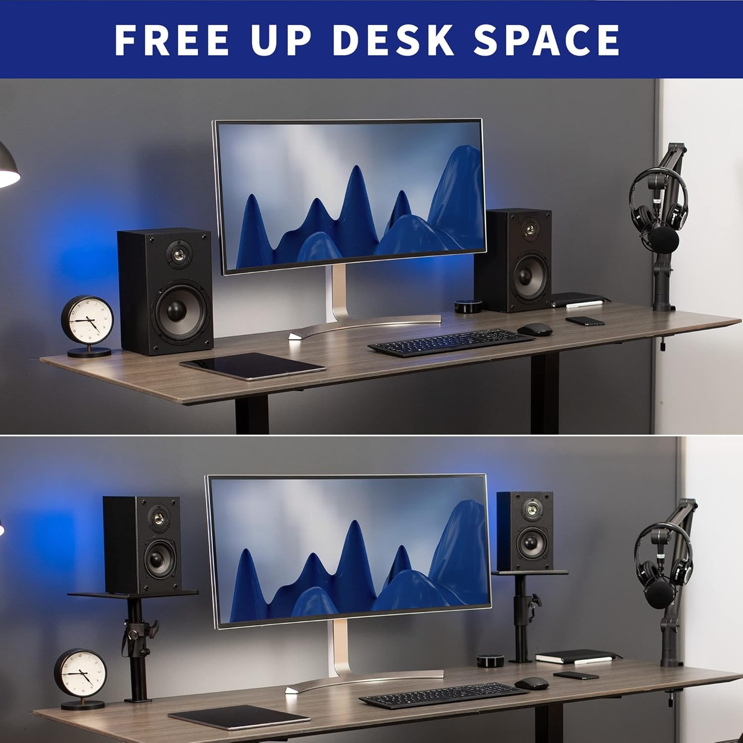 image:imageVIVO Clampon Speaker Stand Desk Mount Set 10 x 9 inch Trays Height Adjustment and Tilt Universal Audio Holders for Computer and Bookshelf Speakers Elevated Sound 2 Pack Black MOUNTSP01CBBlack