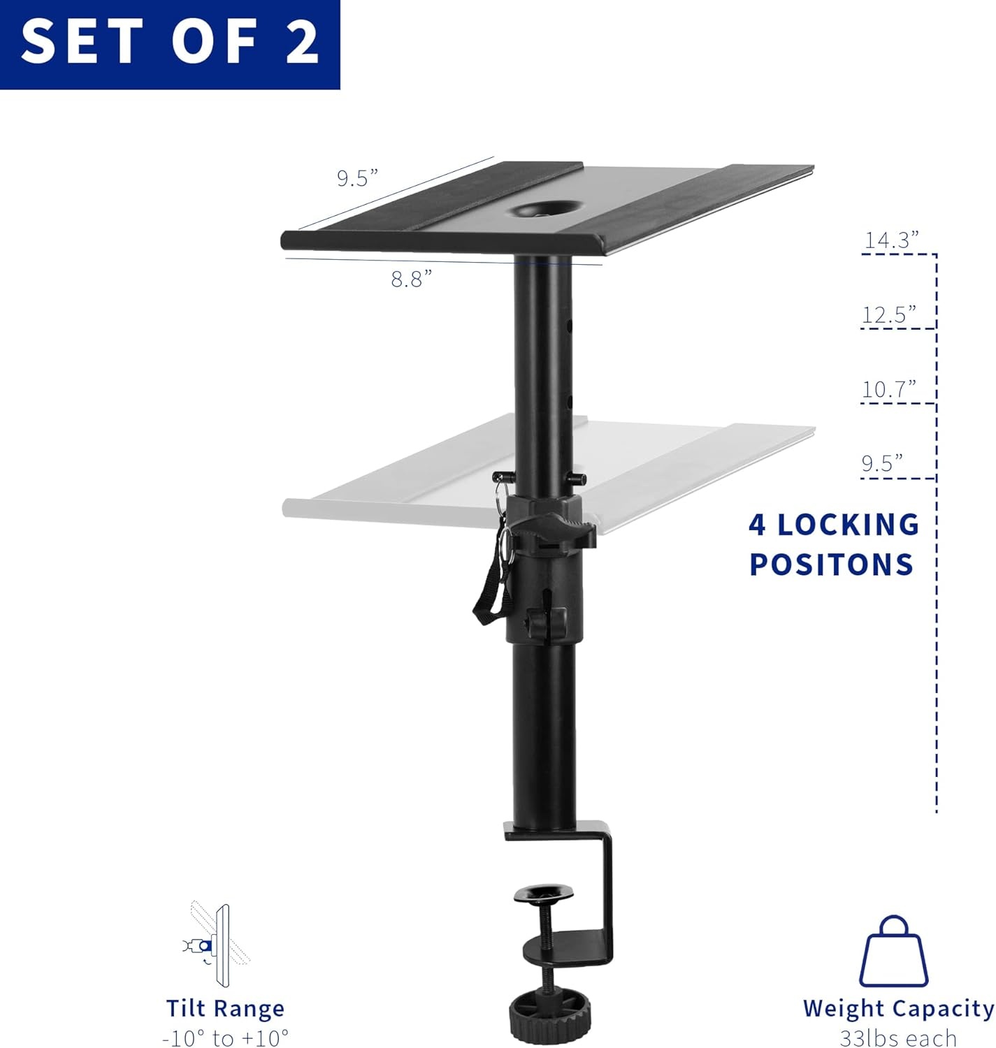 image:imageVIVO Clampon Speaker Stand Desk Mount Set 10 x 9 inch Trays Height Adjustment and Tilt Universal Audio Holders for Computer and Bookshelf Speakers Elevated Sound 2 Pack Black MOUNTSP01CBBlack