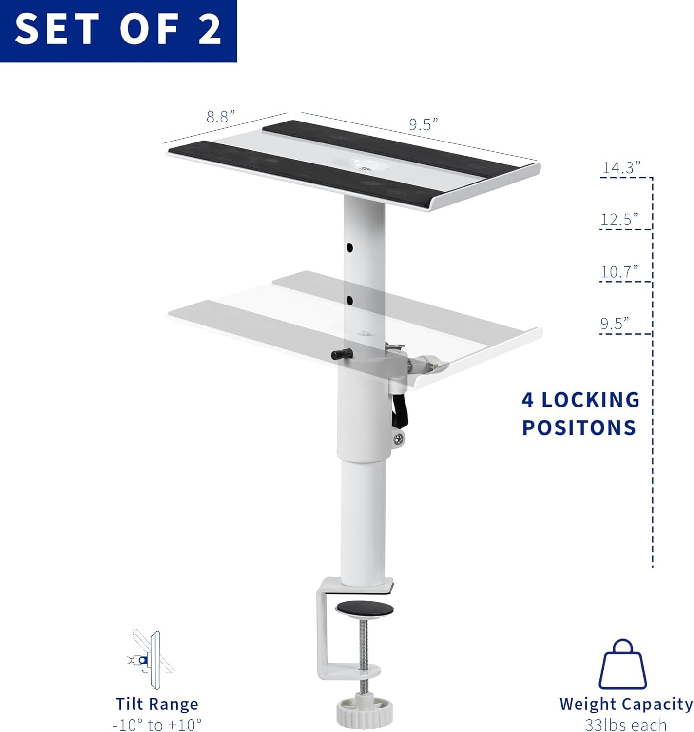 image:imageVIVO Clampon Speaker Stand Desk Mount Set 10 x 9 inch Trays Height Adjustment and Tilt Universal Audio Holders for Computer and Bookshelf Speakers Elevated Sound 2 Pack Black MOUNTSP01CBWhite
