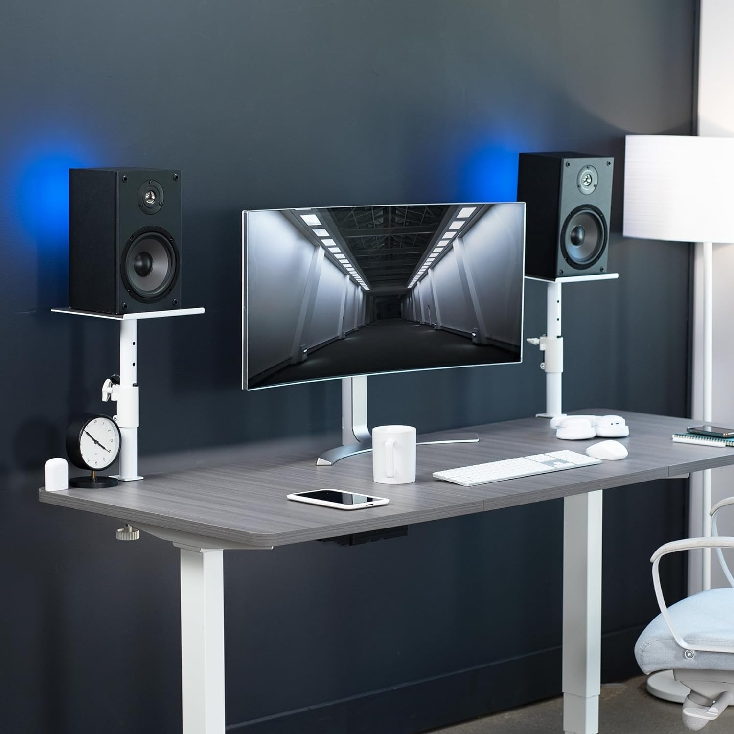 image:imageVIVO Clampon Speaker Stand Desk Mount Set 10 x 9 inch Trays Height Adjustment and Tilt Universal Audio Holders for Computer and Bookshelf Speakers Elevated Sound 2 Pack Black MOUNTSP01CBWhite