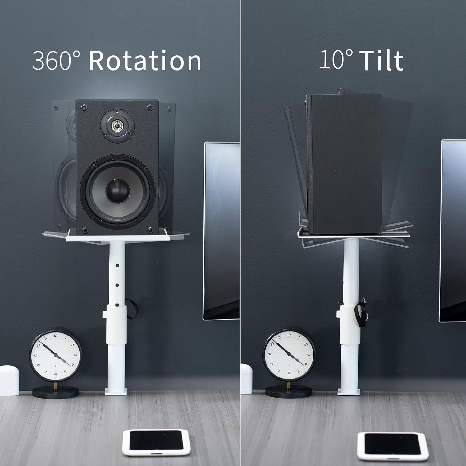 image:imageVIVO Clampon Speaker Stand Desk Mount Set 10 x 9 inch Trays Height Adjustment and Tilt Universal Audio Holders for Computer and Bookshelf Speakers Elevated Sound 2 Pack Black MOUNTSP01CBWhite