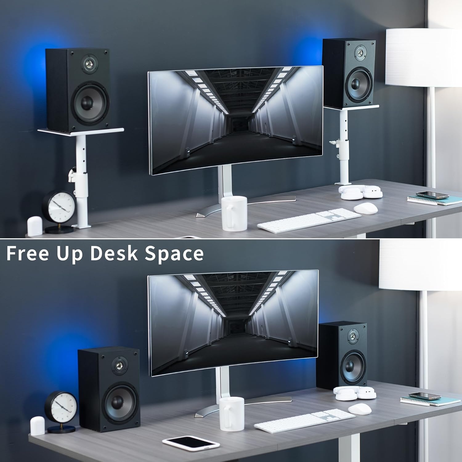 image:imageVIVO Clampon Speaker Stand Desk Mount Set 10 x 9 inch Trays Height Adjustment and Tilt Universal Audio Holders for Computer and Bookshelf Speakers Elevated Sound 2 Pack Black MOUNTSP01CBWhite