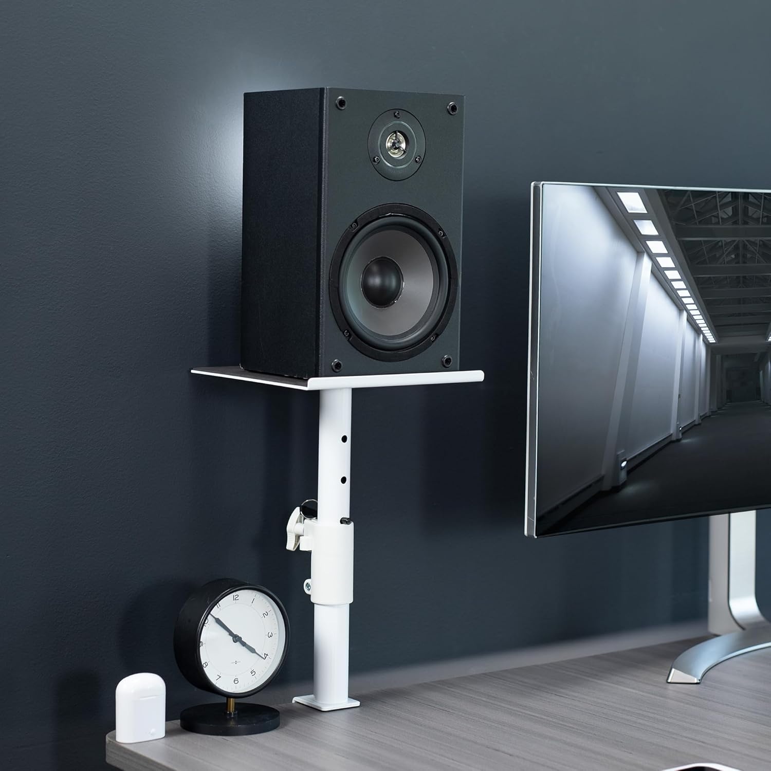 image:imageVIVO Clampon Speaker Stand Desk Mount Set 10 x 9 inch Trays Height Adjustment and Tilt Universal Audio Holders for Computer and Bookshelf Speakers Elevated Sound 2 Pack Black MOUNTSP01CBWhite