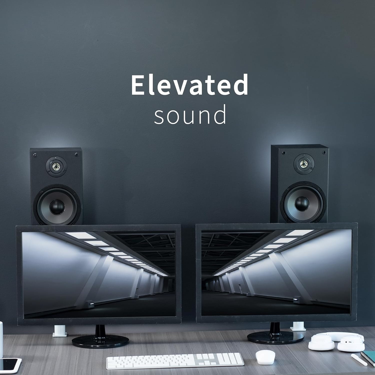 image:imageVIVO Clampon Speaker Stand Desk Mount Set 10 x 9 inch Trays Height Adjustment and Tilt Universal Audio Holders for Computer and Bookshelf Speakers Elevated Sound 2 Pack Black MOUNTSP01CBWhite