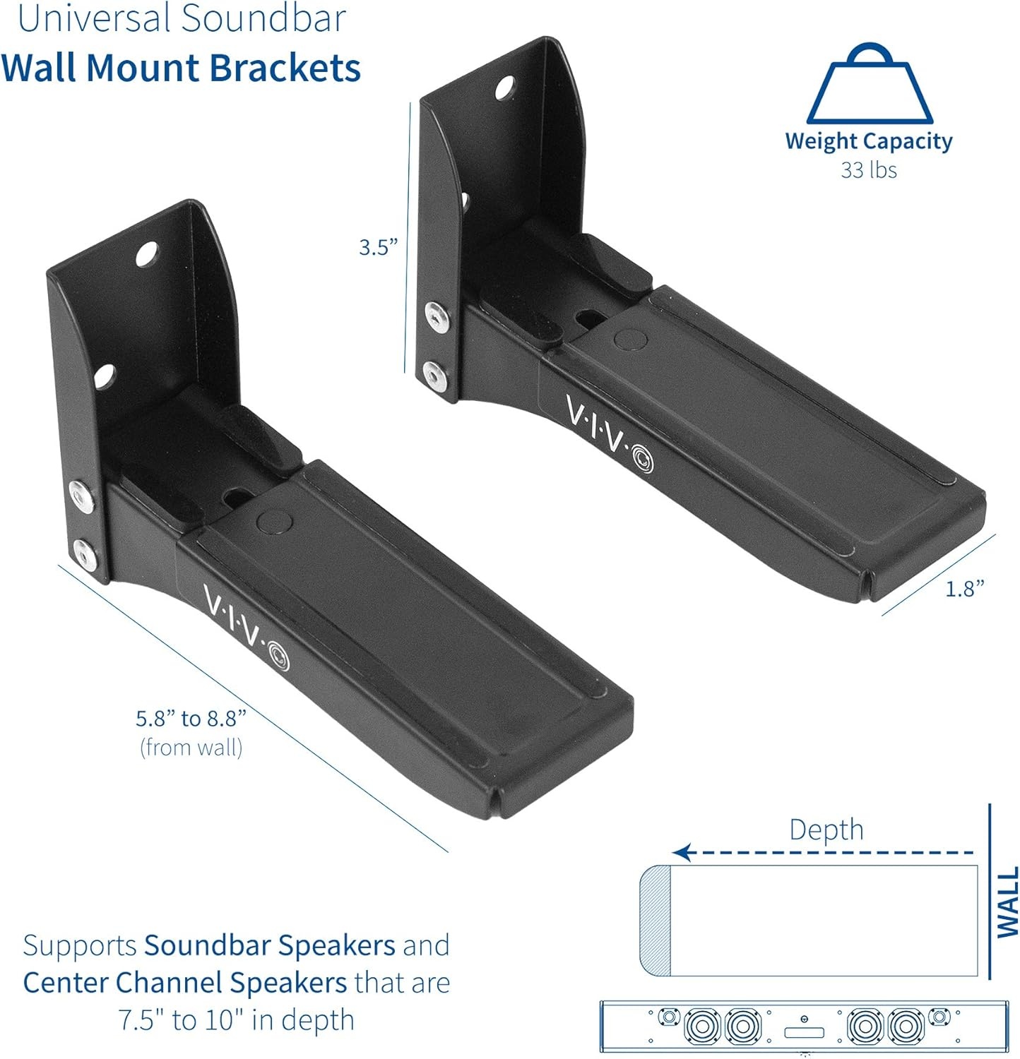 image:imageVIVO Steel Universal Dual Soundbar Wall Mount L Brackets Adjustable Extending Speaker Arm Holders Black MountSPSB4