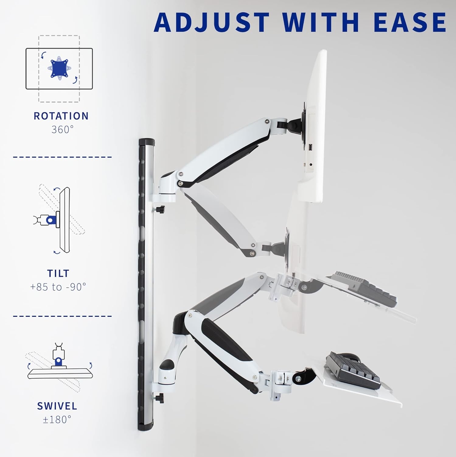image:imageVIVO Black SitStand Wall Mount Counterbalance Height Adjustable Monitor and Keyboard Workstation for Screens up to 27 inches STANDSIT1KWhite